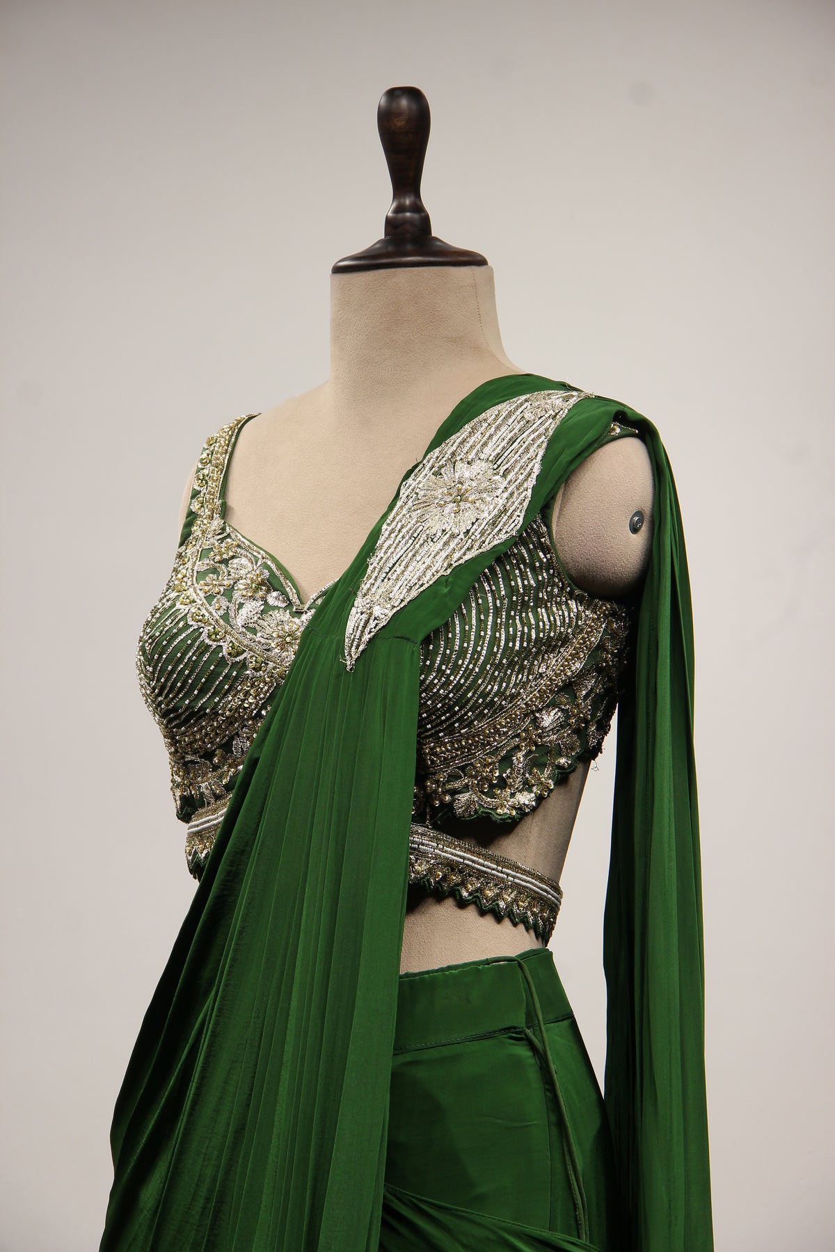 Crepe Drape Saree with Sequin & Cut Dana Handwork Crop Top in Green
