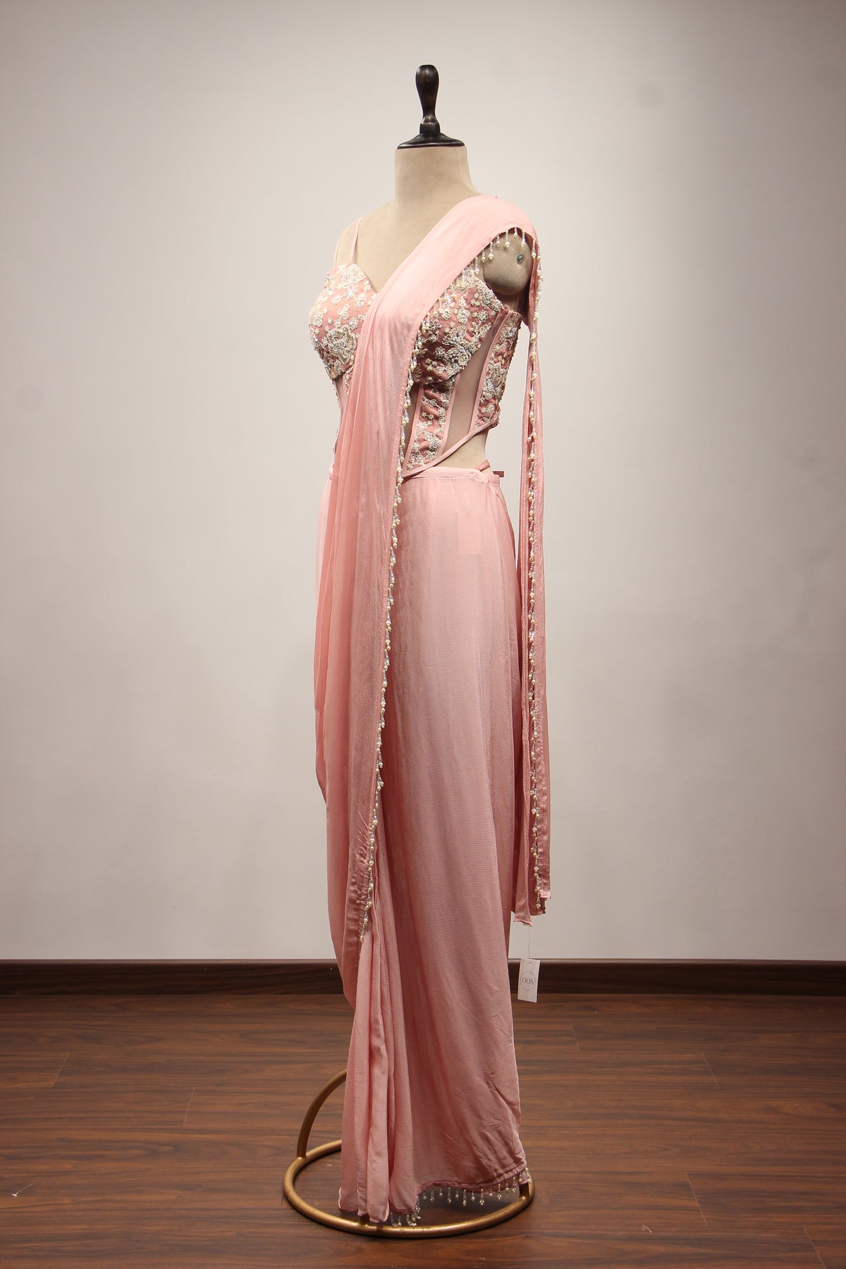 Baby Pink Crepe Drape Saree with Hand Embroidery & Resham Net Corset – other side view