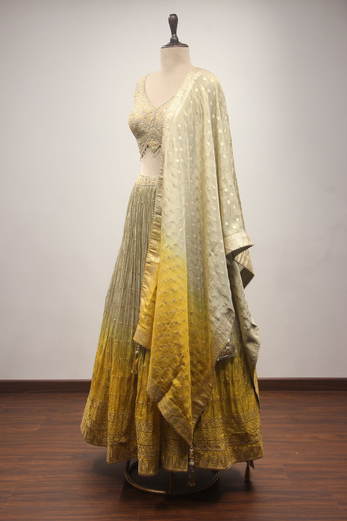Tissue Ombre Lehenga with Hand Embroidery & Resham Handwork Crop Top