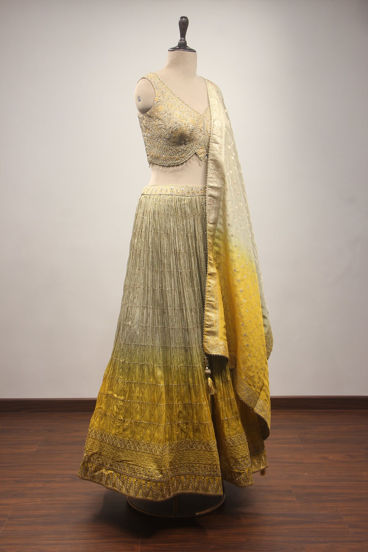Ombre Tissue Lehenga with Zari, Mirror, Resham & Zardozi Embroidery
