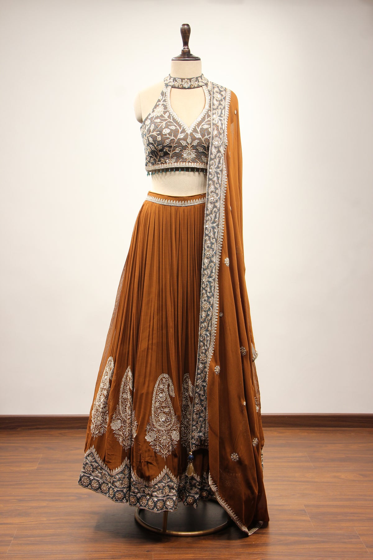 Brown Georgette Halter Neck Lehenga with Hand Embroidery & Resham – front view