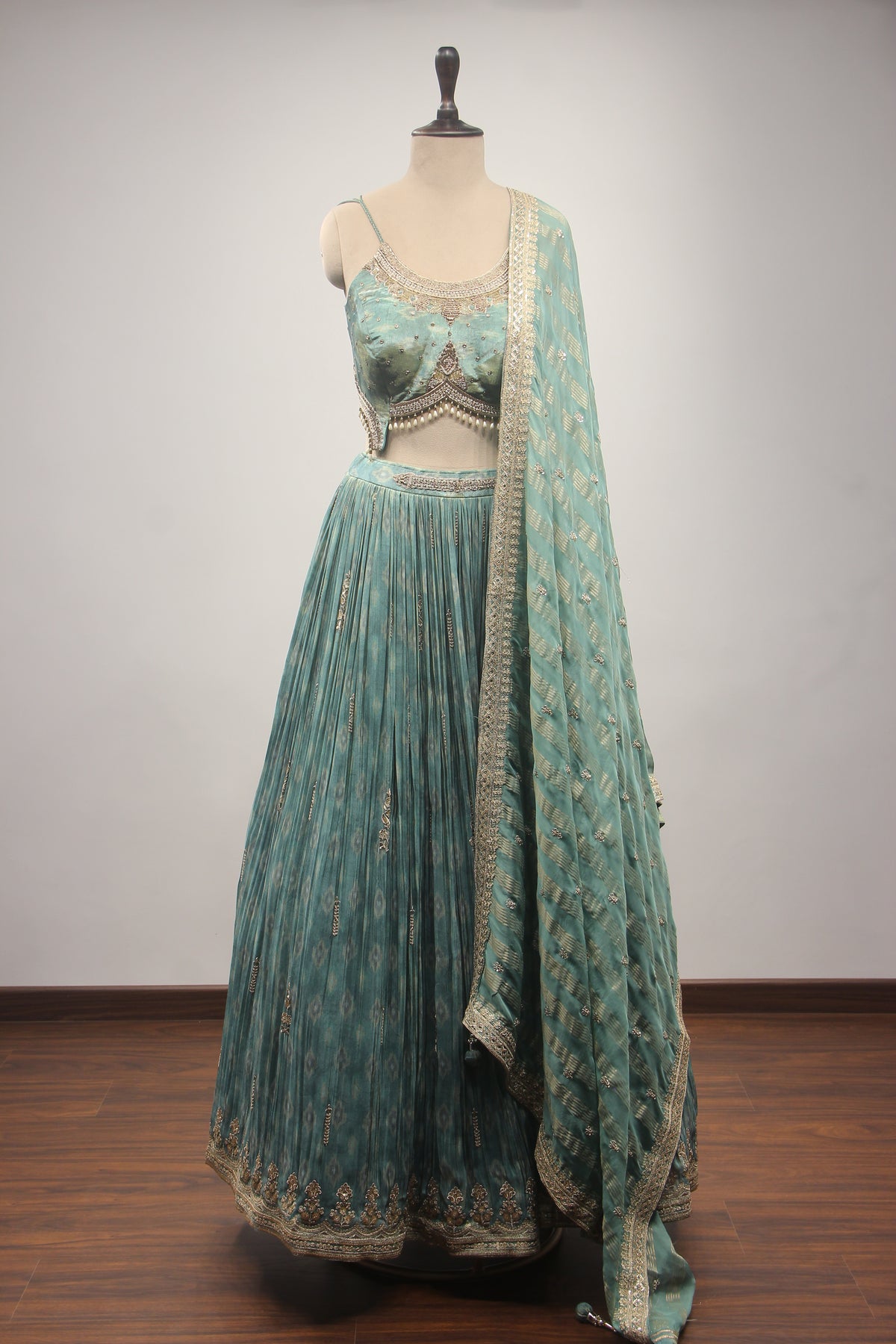 Sea Green Tissue Lehenga with Zardozi, Zari & Sequin Embroidery