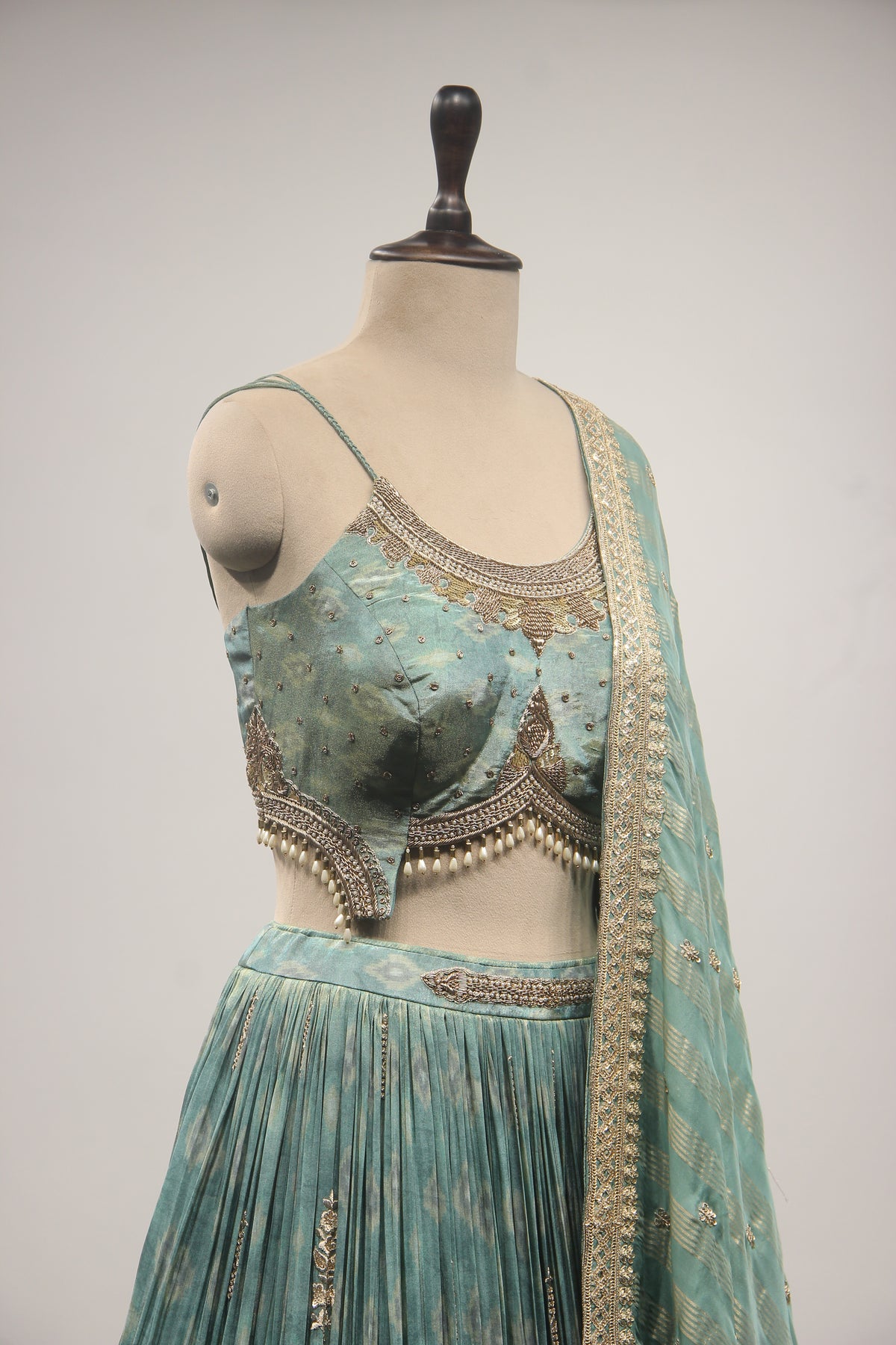 Sea Green Tissue Lehenga with Zardozi, Zari & Sequin Embroidery