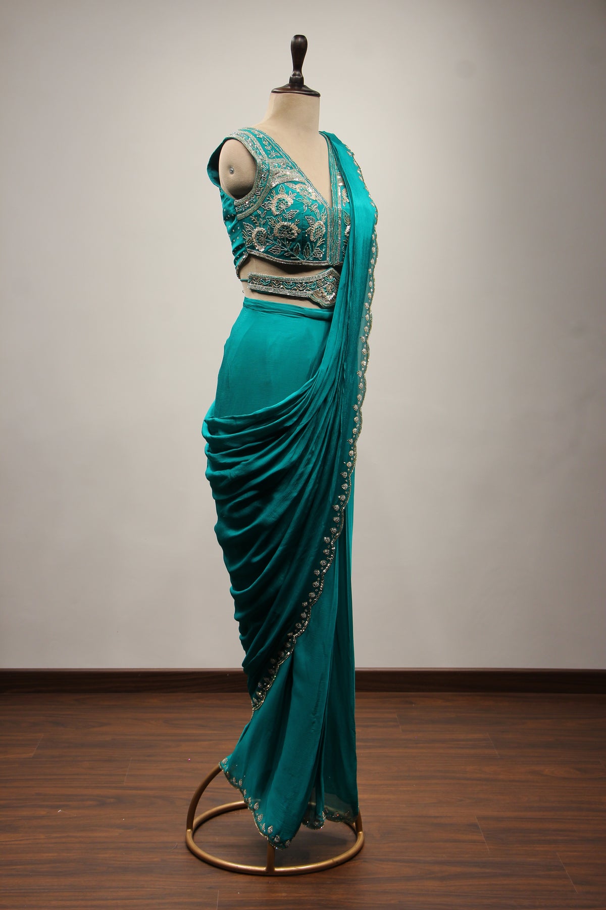 Rama Green Crepe Drape Saree with Cut Dana & Sequin Handwork and Belt – side view