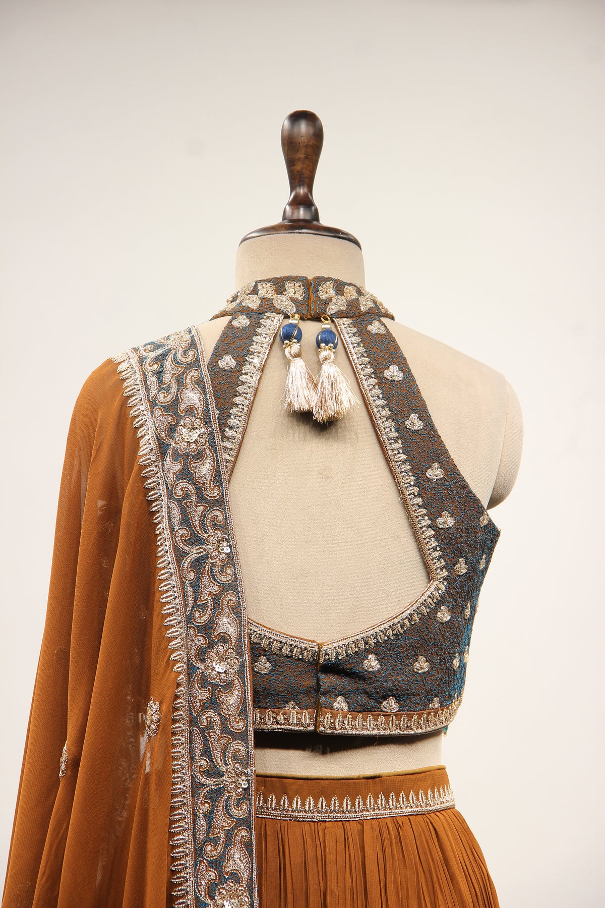 Brown Georgette Halter Neck Lehenga with Hand Embroidery & Resham – back close-up