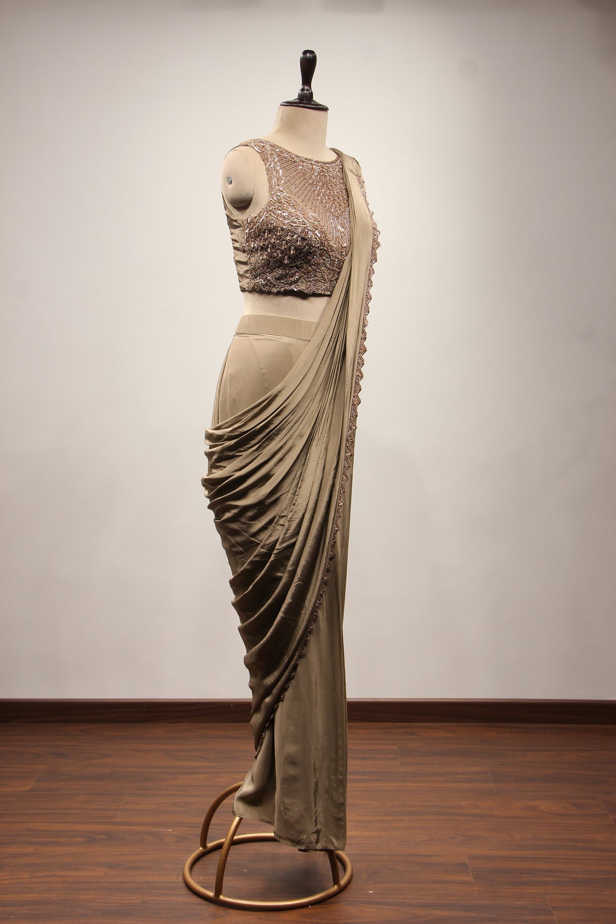 Crepe Drape Saree with Cut Dana & Sequin Handwork, Net Corset Blouse