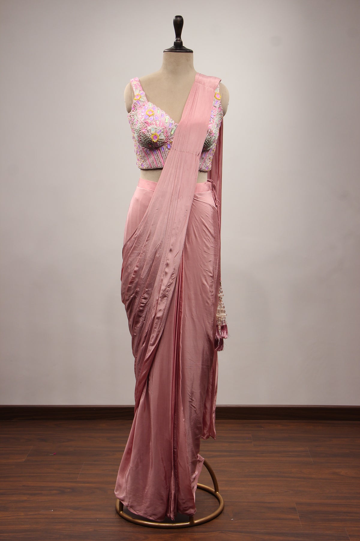 Peach Crepe Drape Saree with Hand Embroidery & Mirror Handwork