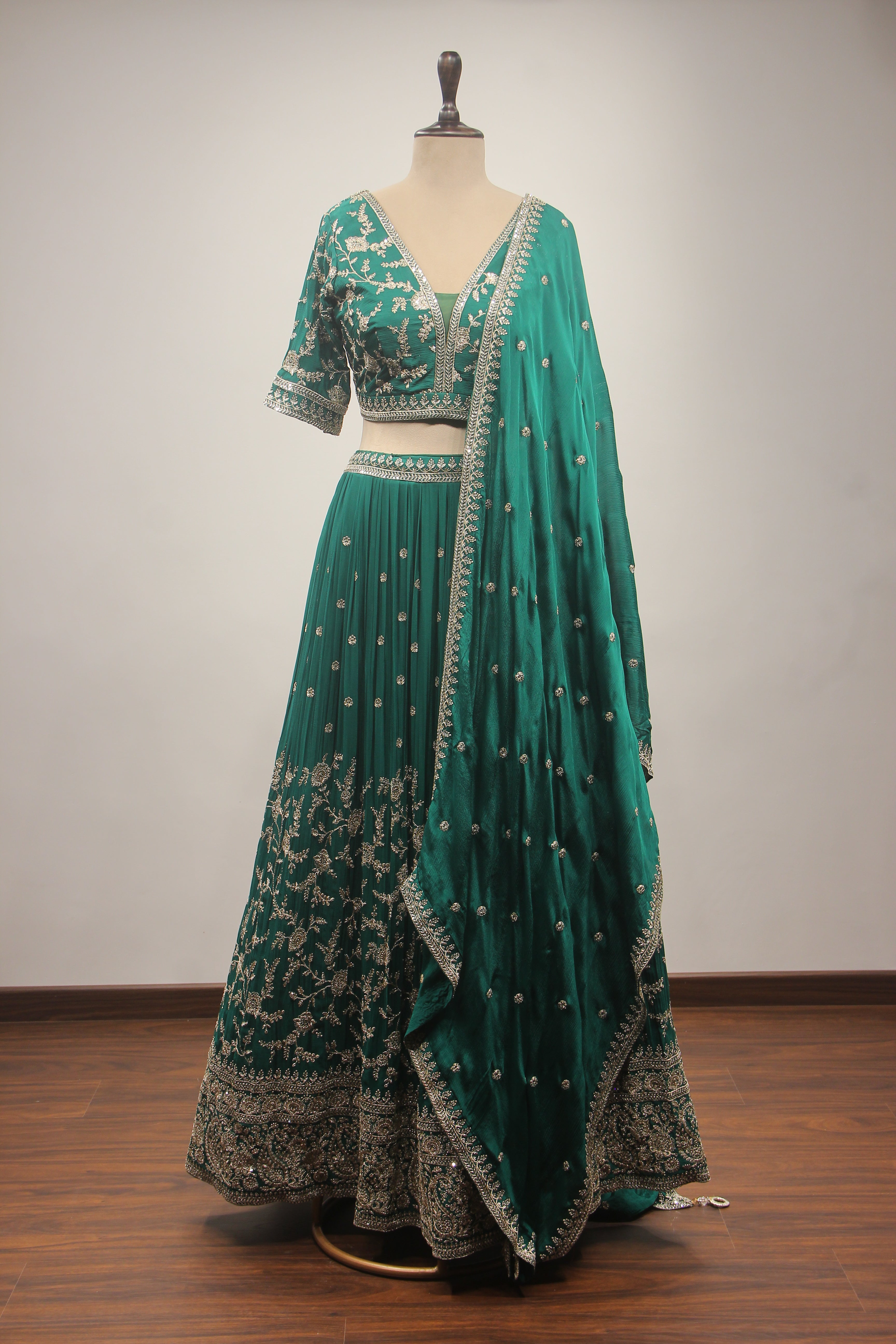 Crepe Lehenga with Sequin & Zari Handwork Embellished Crop Top