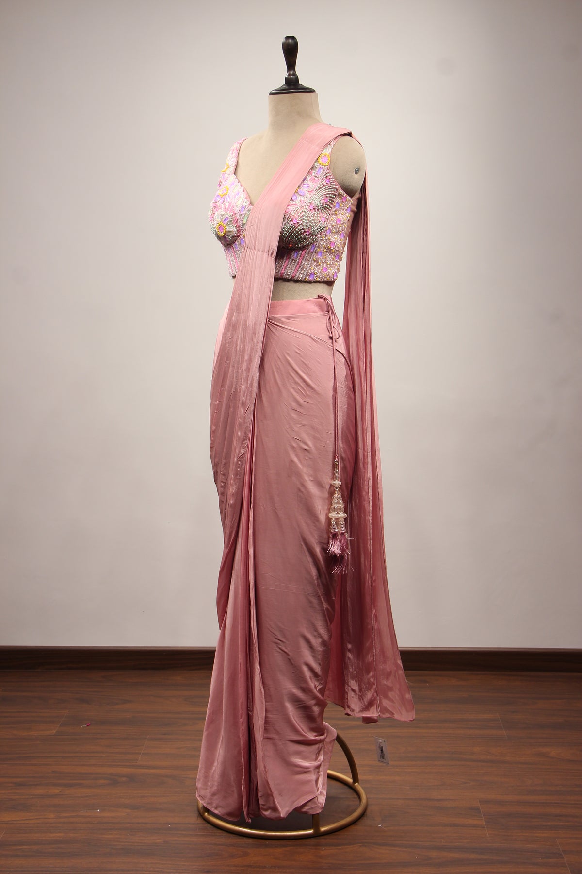 Peach Crepe Drape Saree with Hand Embroidery & Mirror Handwork