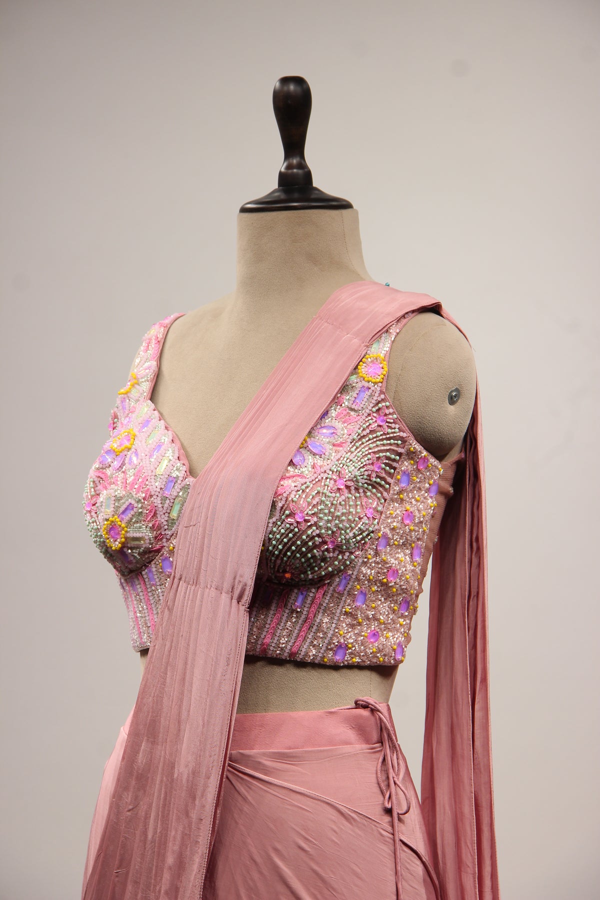 Peach Crepe Drape Saree with Hand Embroidery & Mirror Handwork