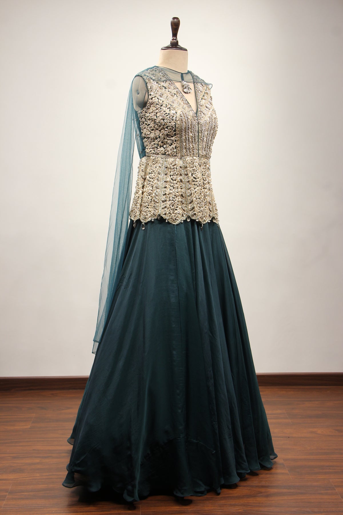 Bottle Green Organza Peplum Lehenga with Zari & Cut Dana Handwork – other side view
