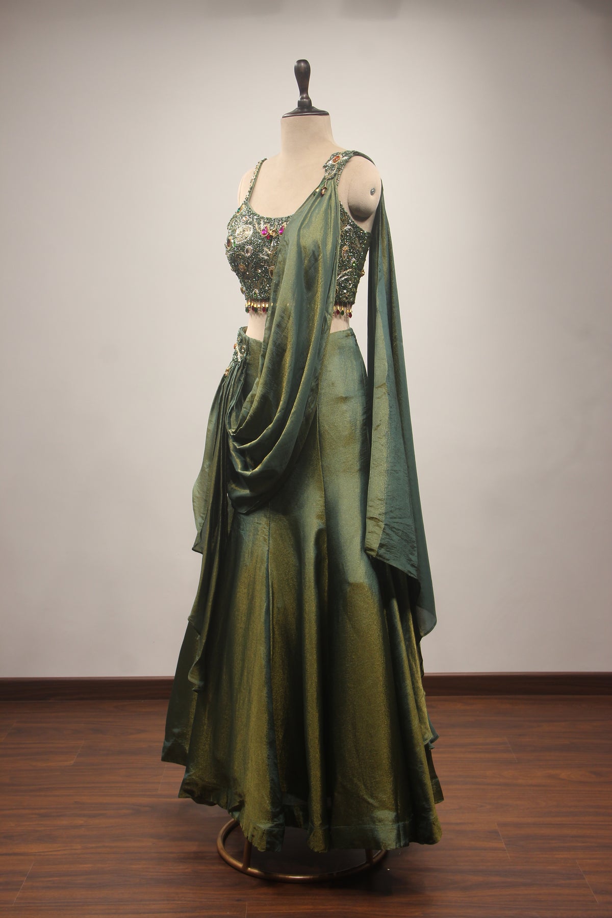 Emerald Green Tissue Lehenga with Stone, Bead & Cut Dana Embroidery