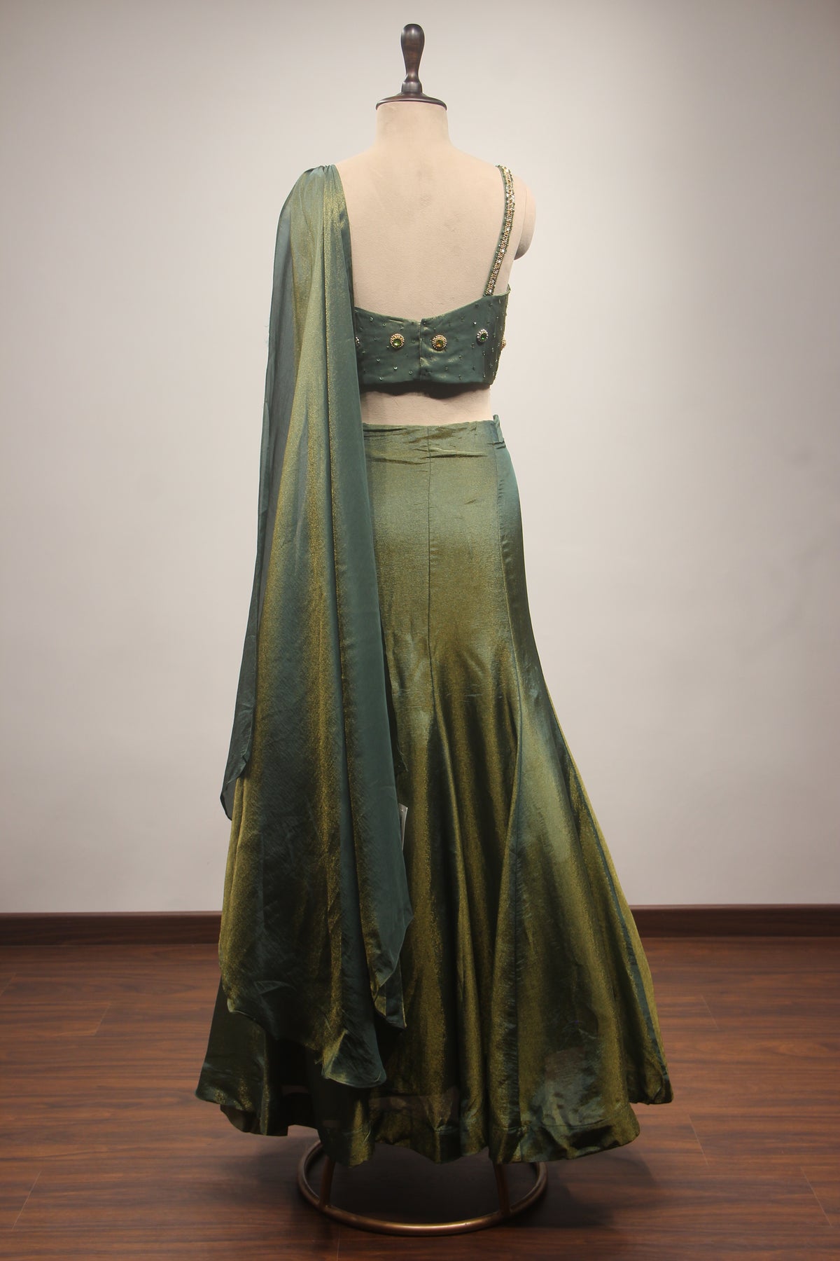 Emerald Green Tissue Lehenga with Stone, Bead & Cut Dana Embroidery