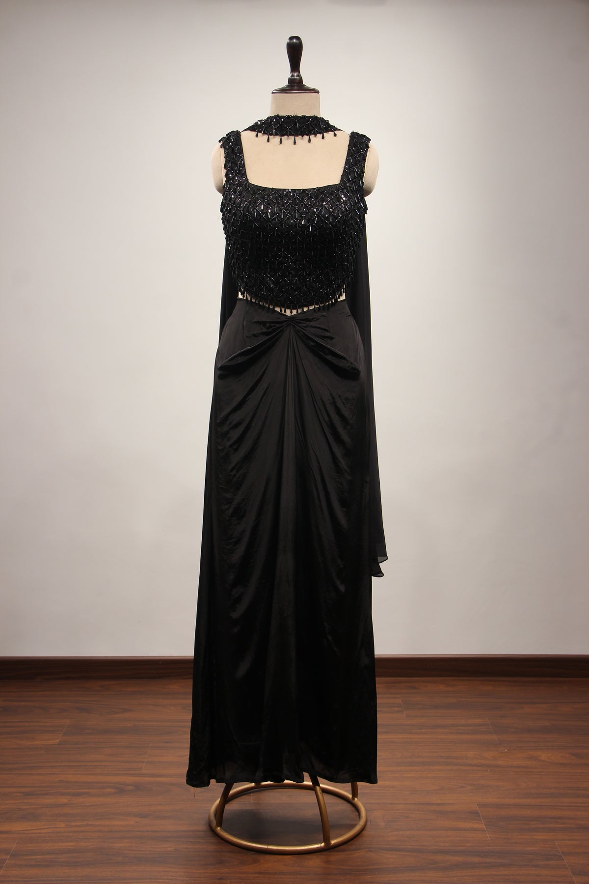 Crepe Black Indo Western Corset Blouse Cowl Skirt with Cut Dana Handwork