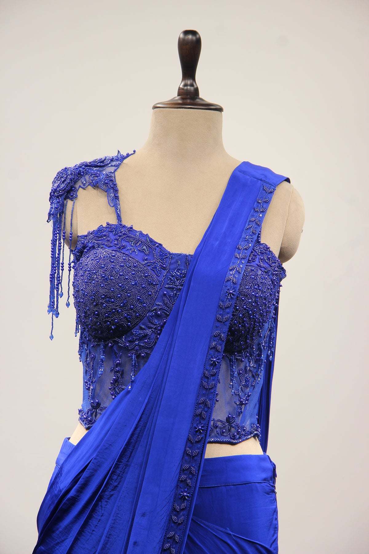 Electric Blue Crepe Drape Saree with Bead & Pearl Handwork