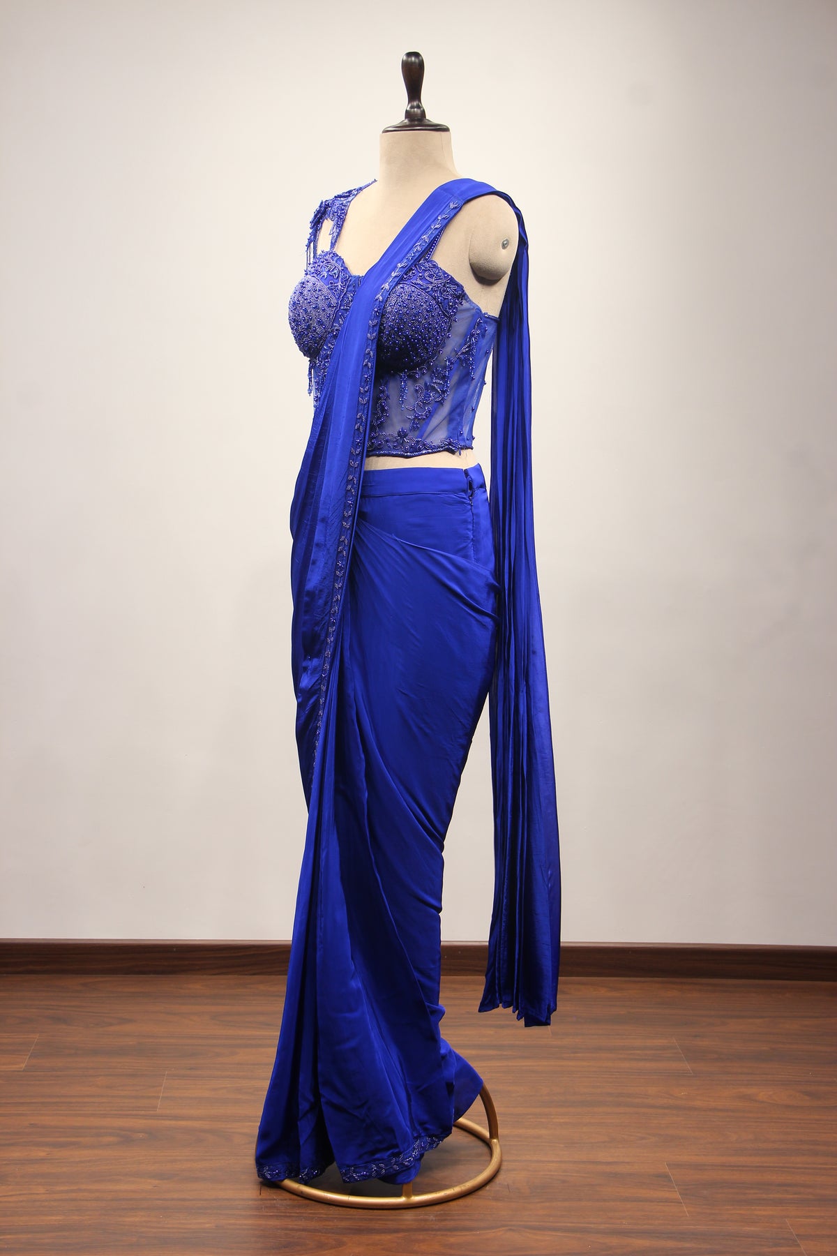 Electric Blue Crepe Drape Saree with Bead & Pearl Handwork