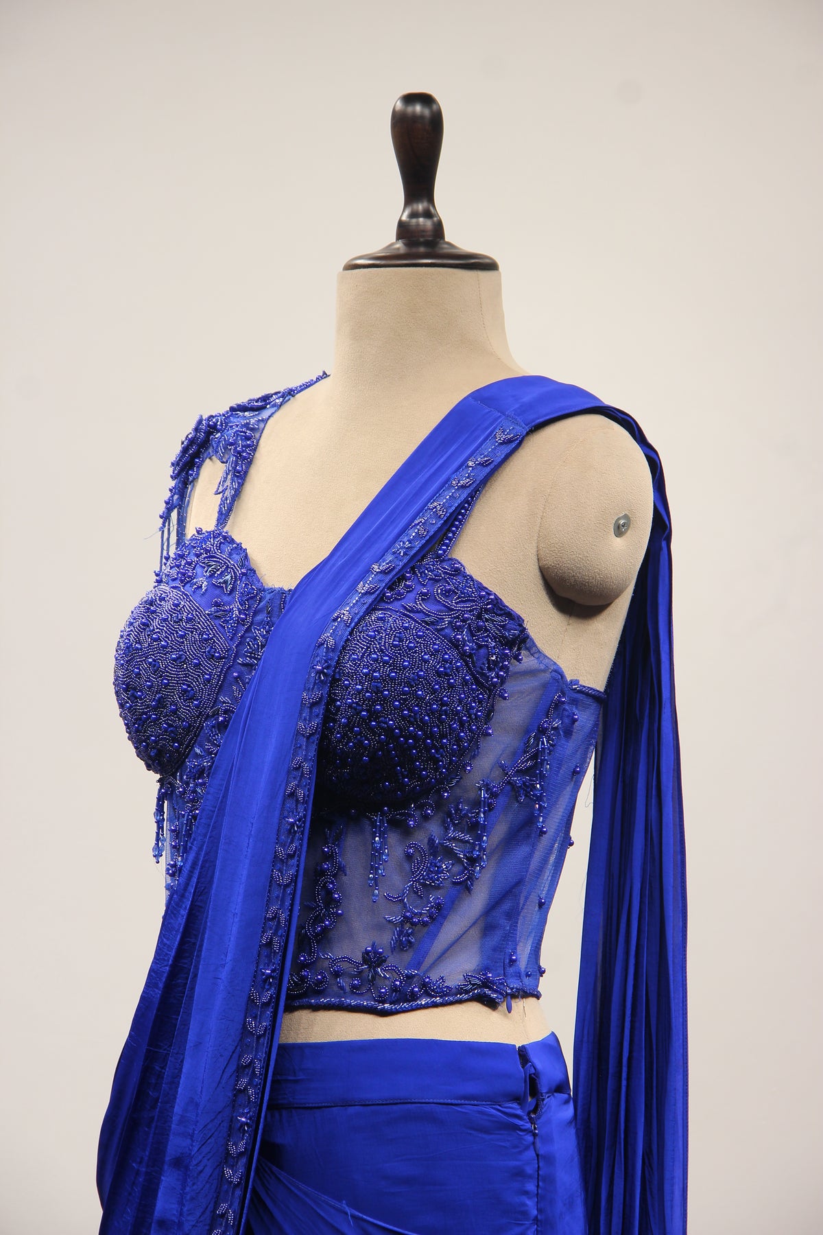 Electric Blue Crepe Drape Saree with Bead & Pearl Handwork