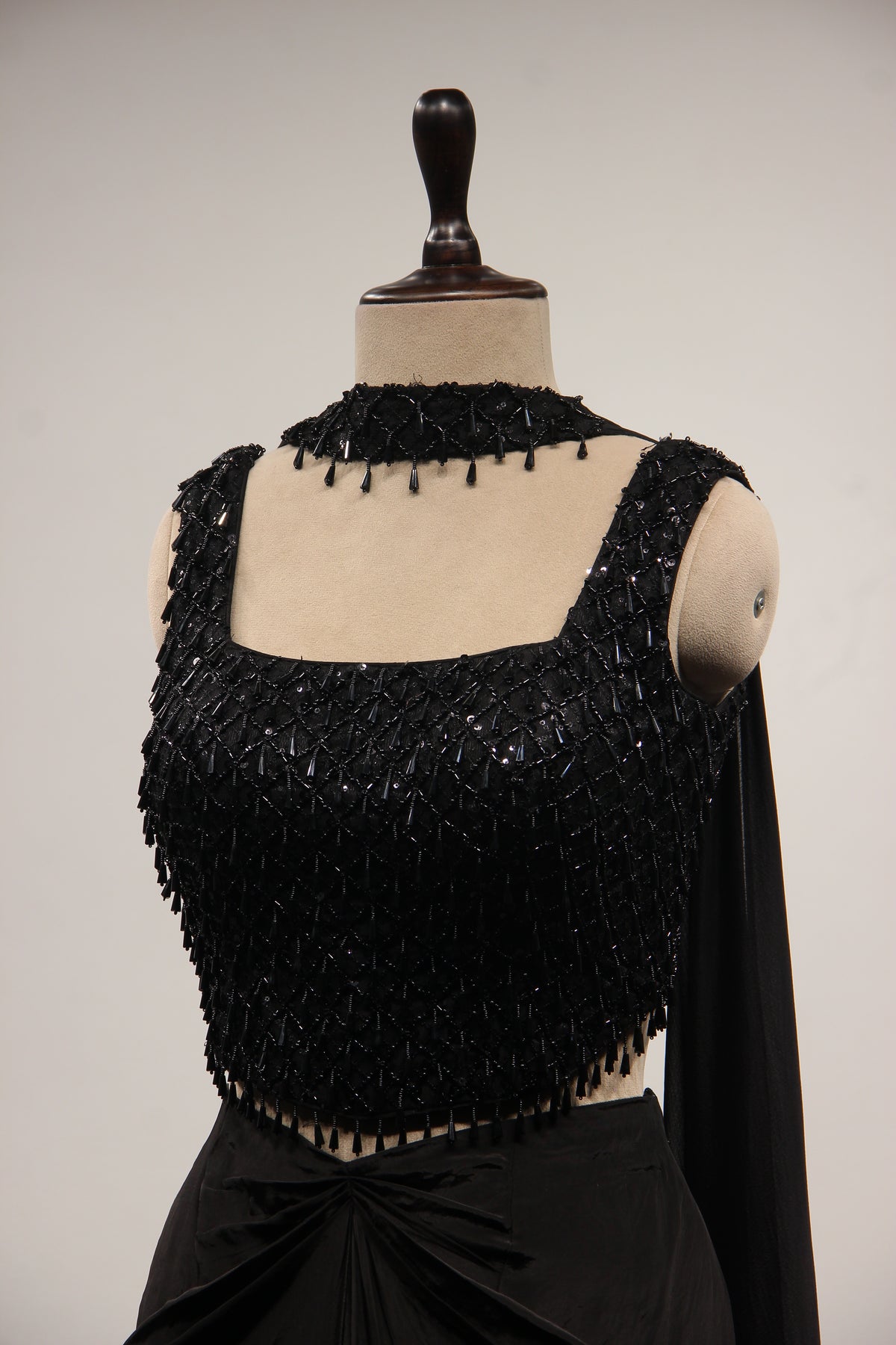 Crepe Black Indo Western Corset Blouse Cowl Skirt with Cut Dana Handwork