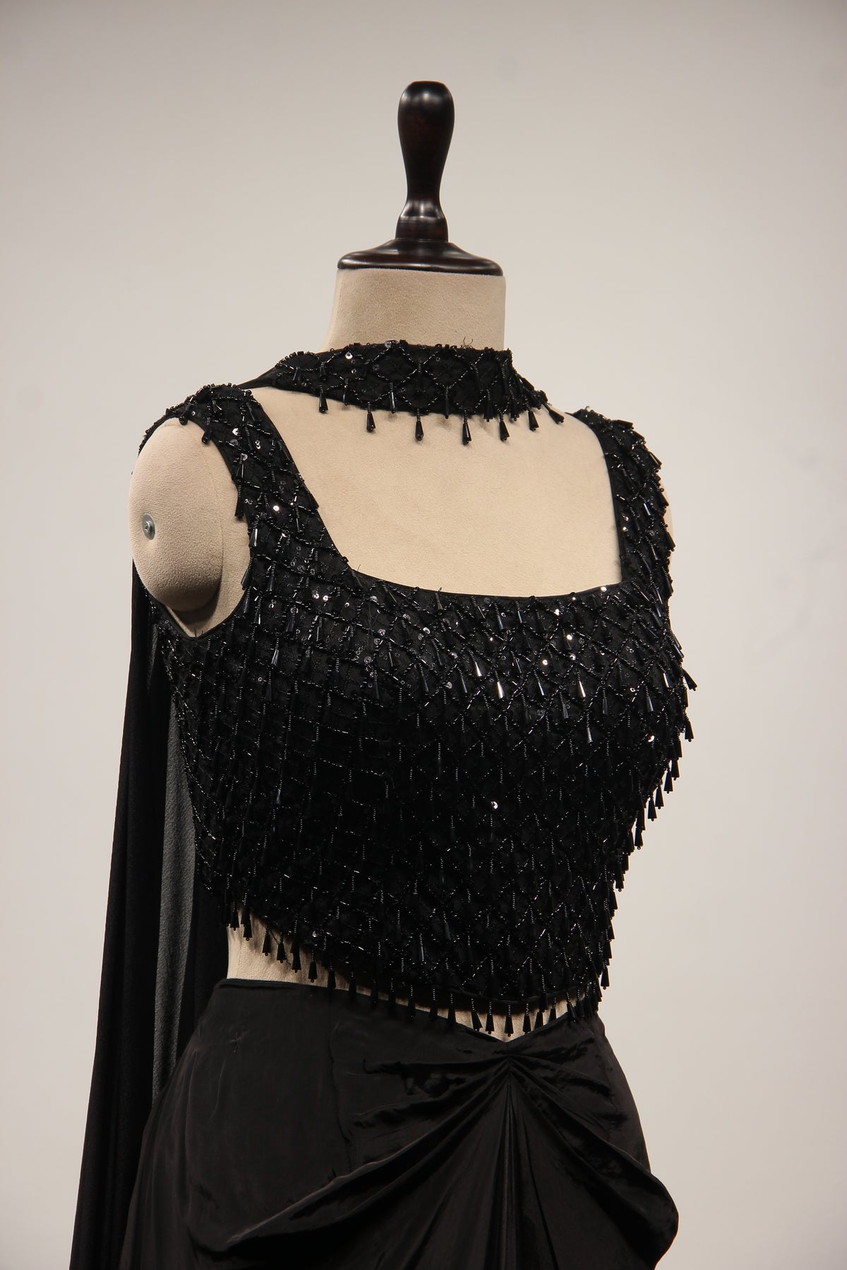 Crepe Black Indo Western Corset Blouse Cowl Skirt with Cut Dana Handwork