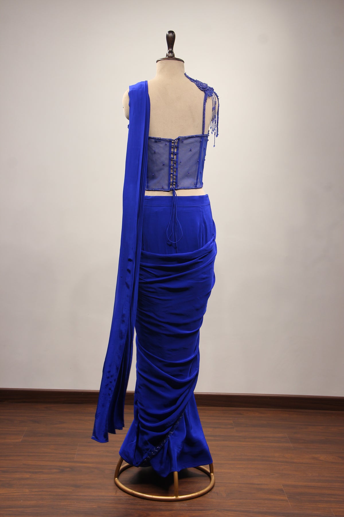 Electric Blue Crepe Drape Saree with Bead & Pearl Handwork