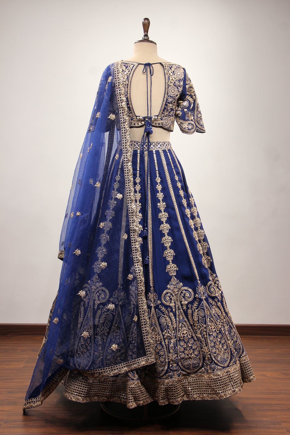 Royal Blue Georgette Lehenga with Zari & Resham Handwork Crop Top – back view