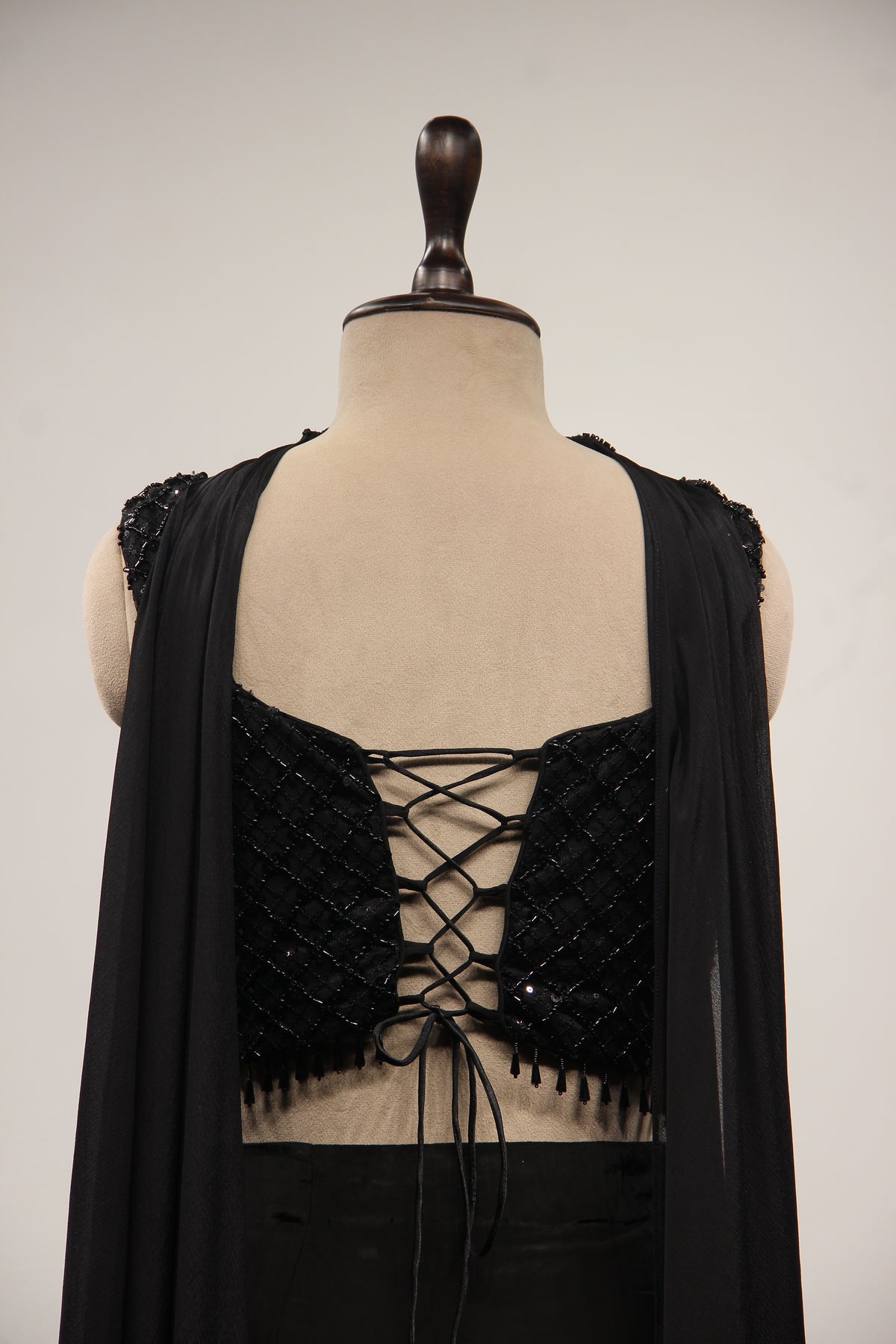 Crepe Black Indo Western Corset Blouse Cowl Skirt with Cut Dana Handwork