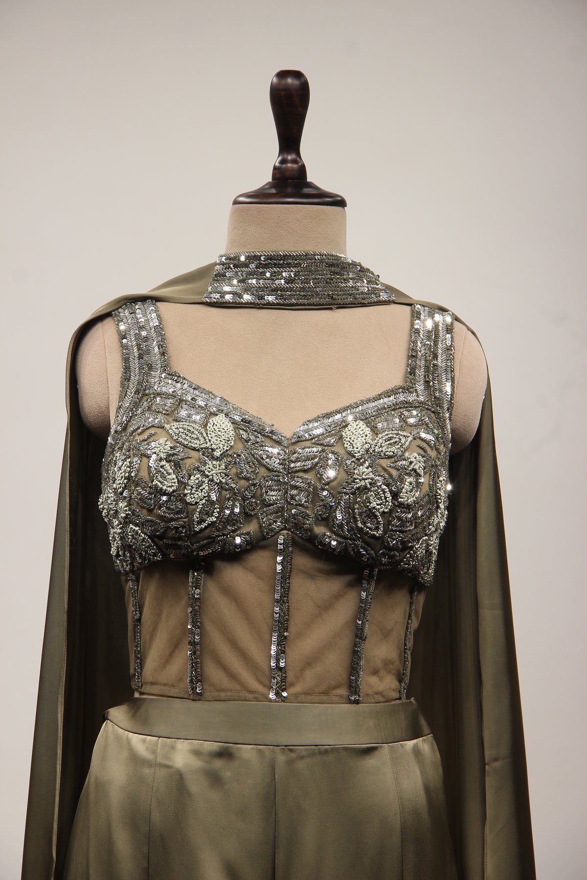 Crepe Dusty Green Indo Western Palazzo with Bead & Sequin Handwork