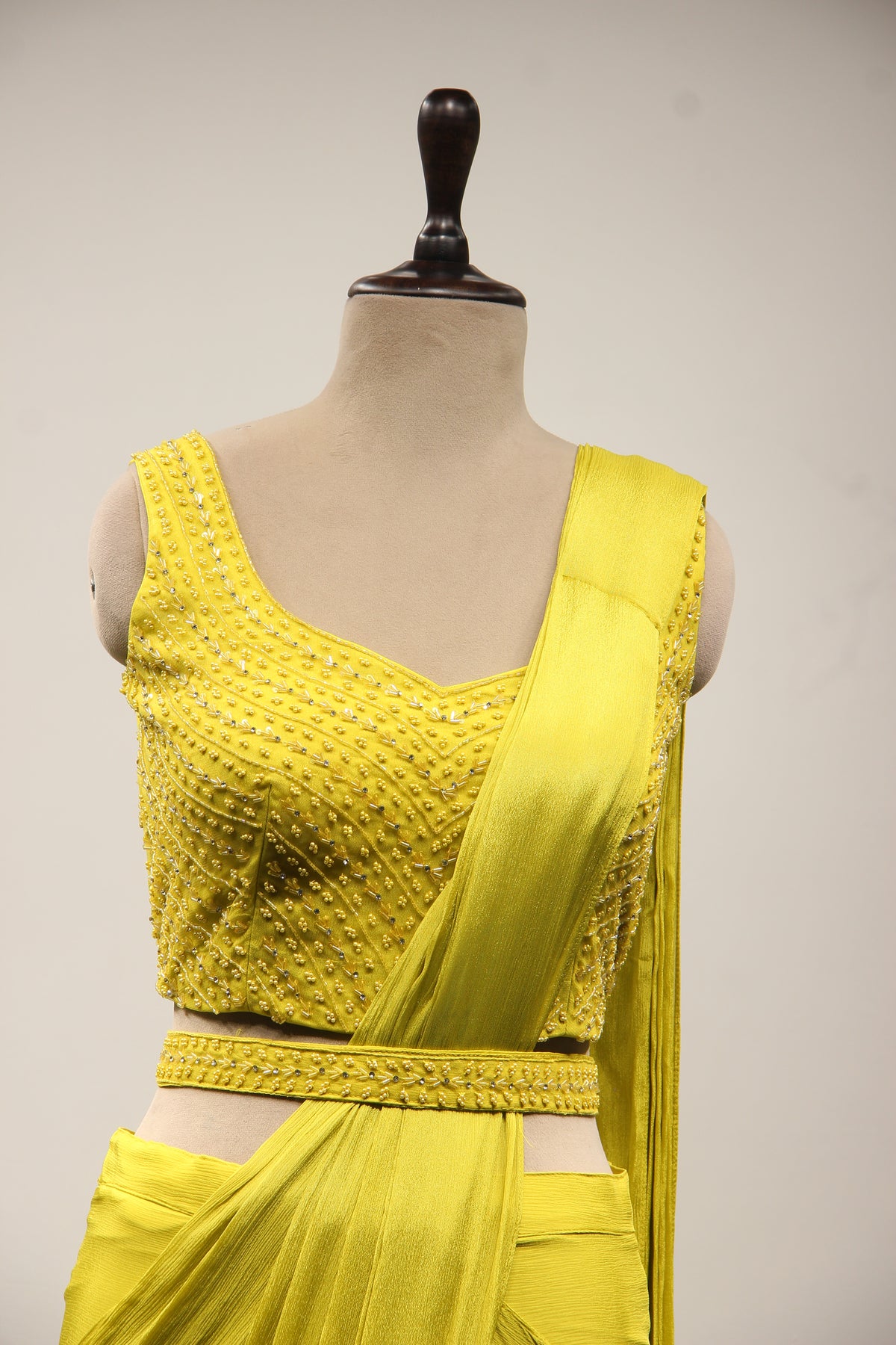 Lime Crepe Drape Saree with Bead & Cut Dana Handwork Crop Top