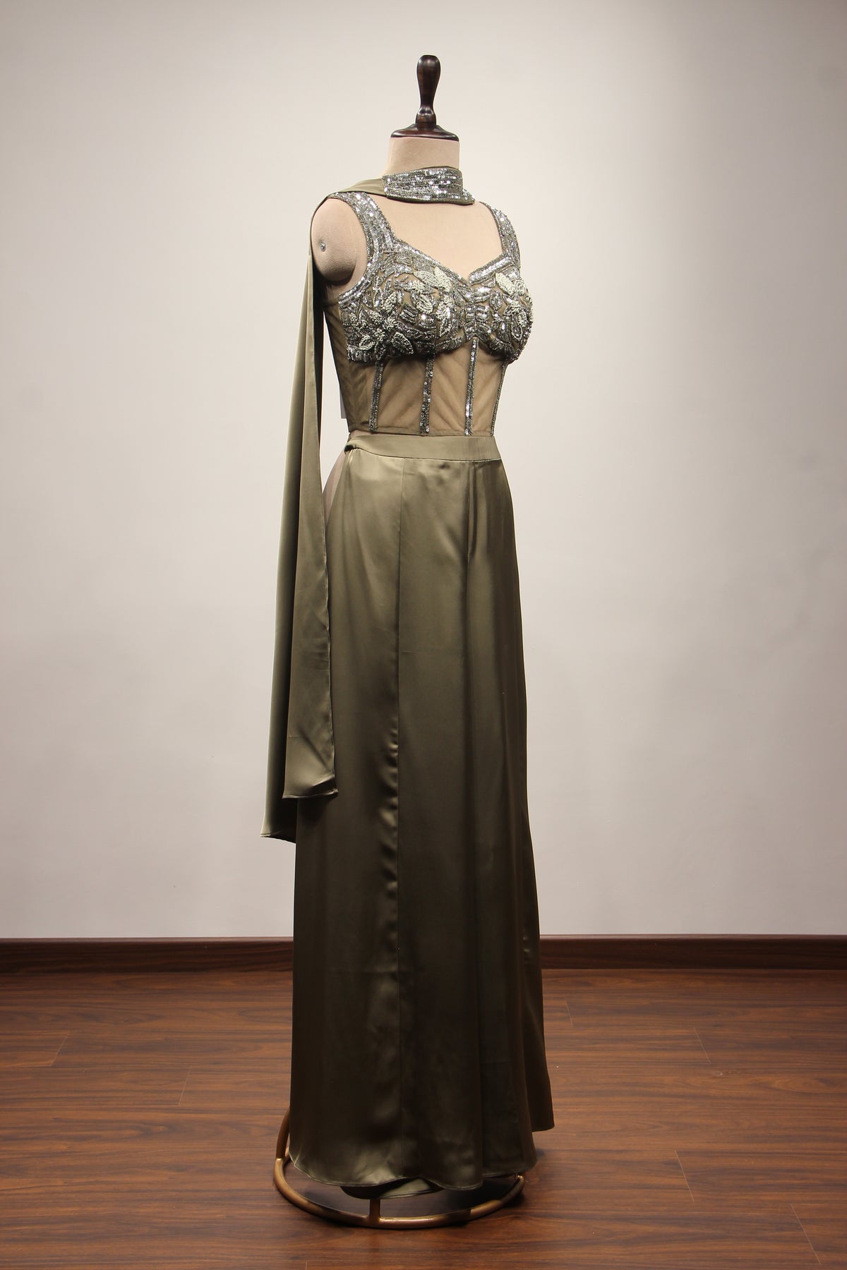 Crepe Dusty Green Indo Western Palazzo with Bead & Sequin Handwork