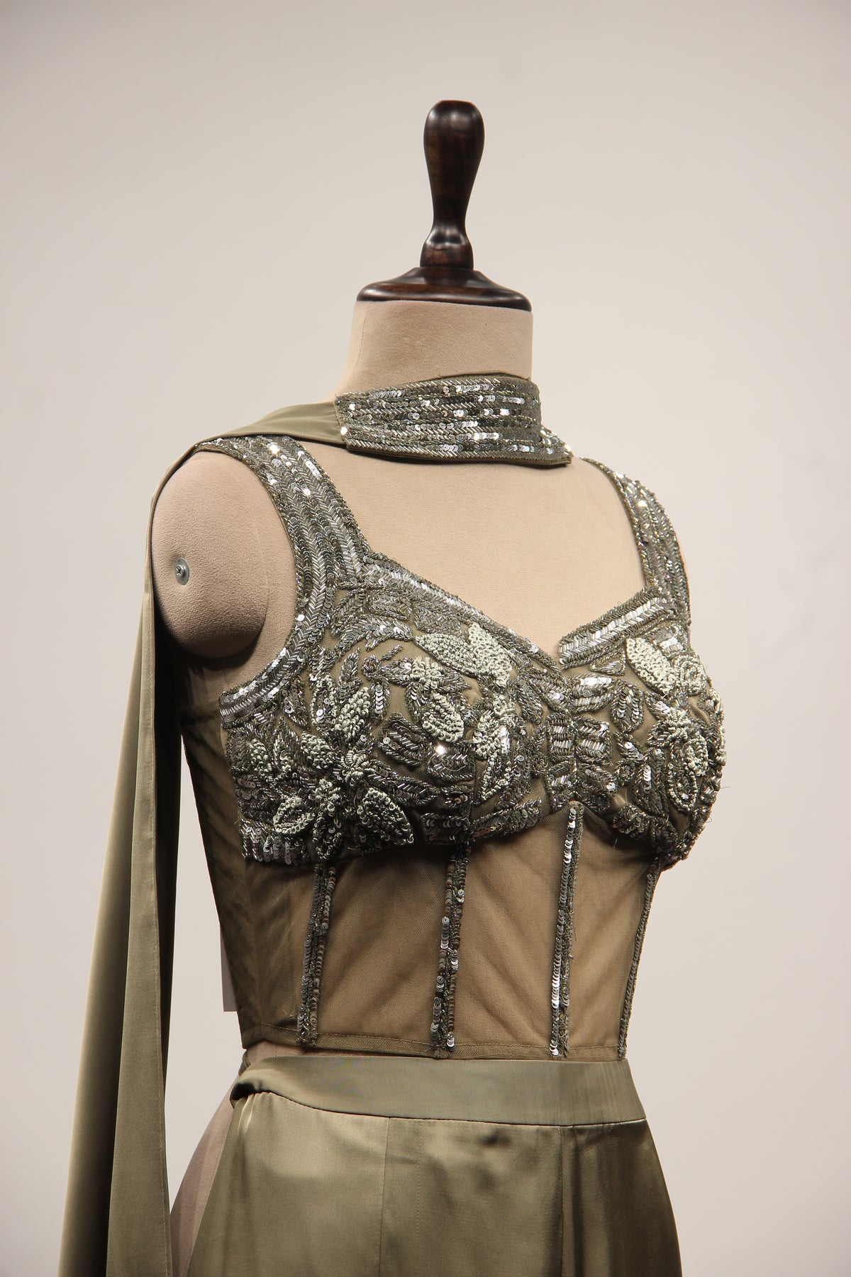 Crepe Dusty Green Indo Western Palazzo with Bead & Sequin Handwork