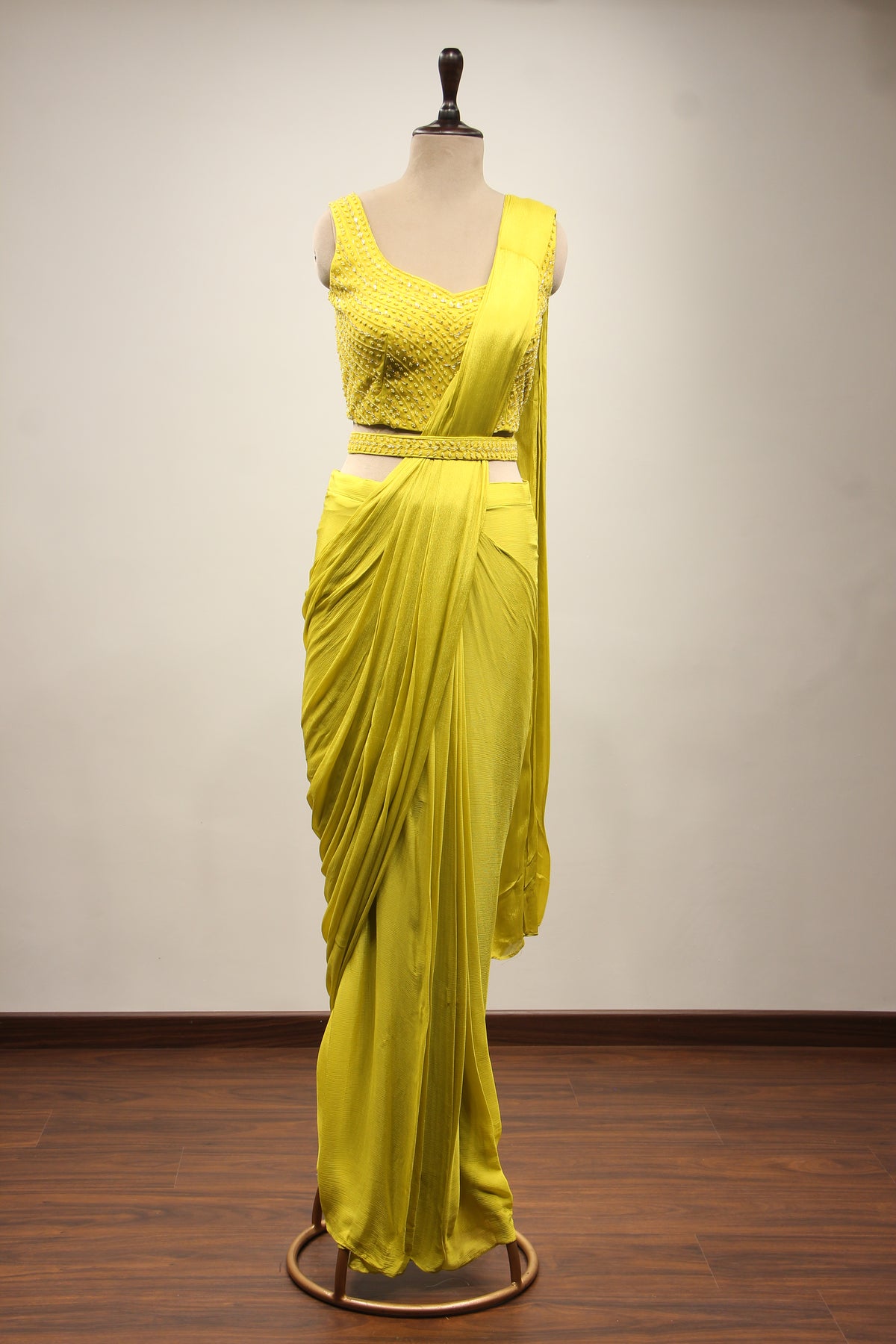 Lime Crepe Drape Saree with Bead & Cut Dana Handwork Crop Top