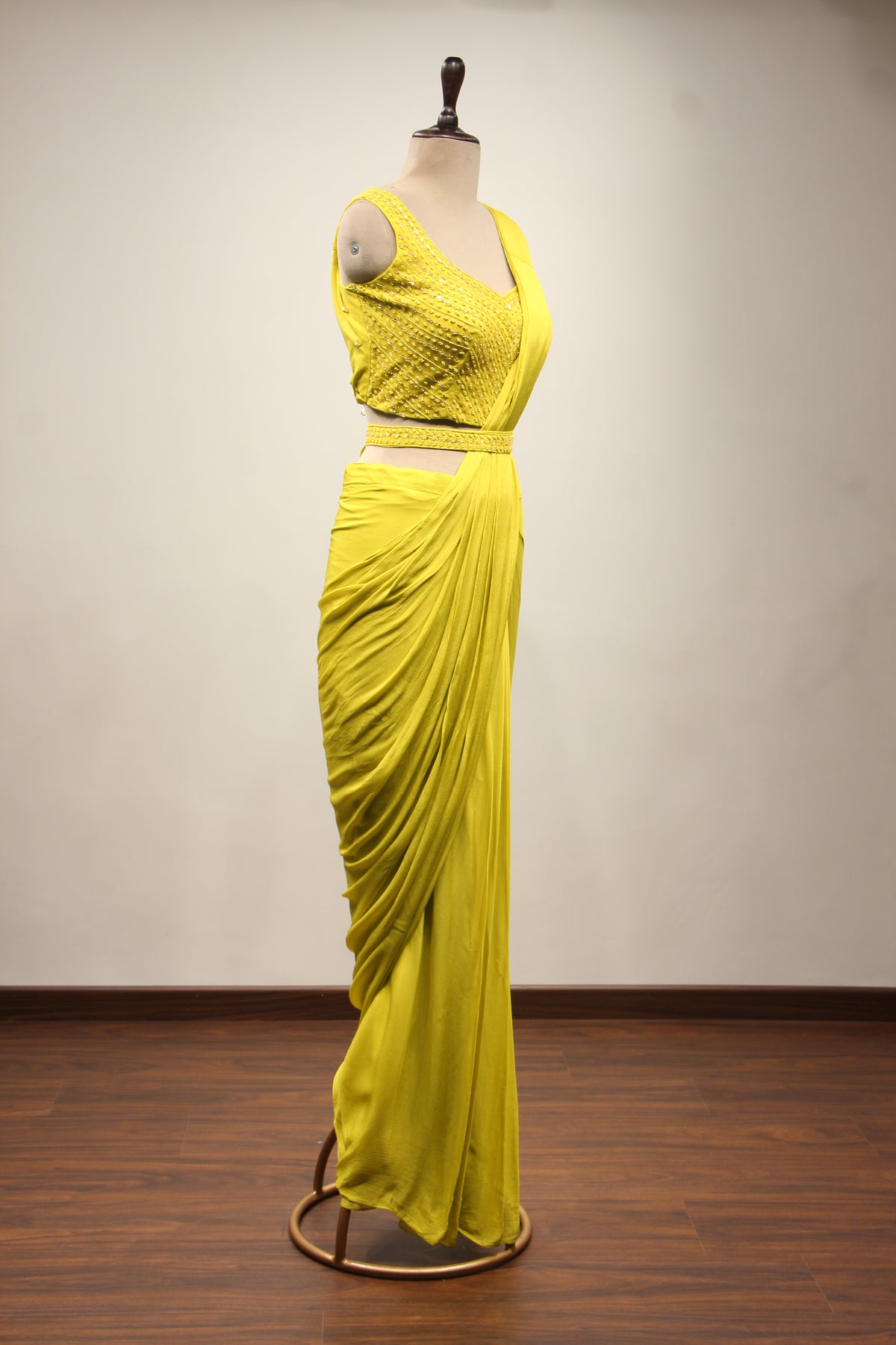Lime Crepe Drape Saree with Bead & Cut Dana Handwork Crop Top