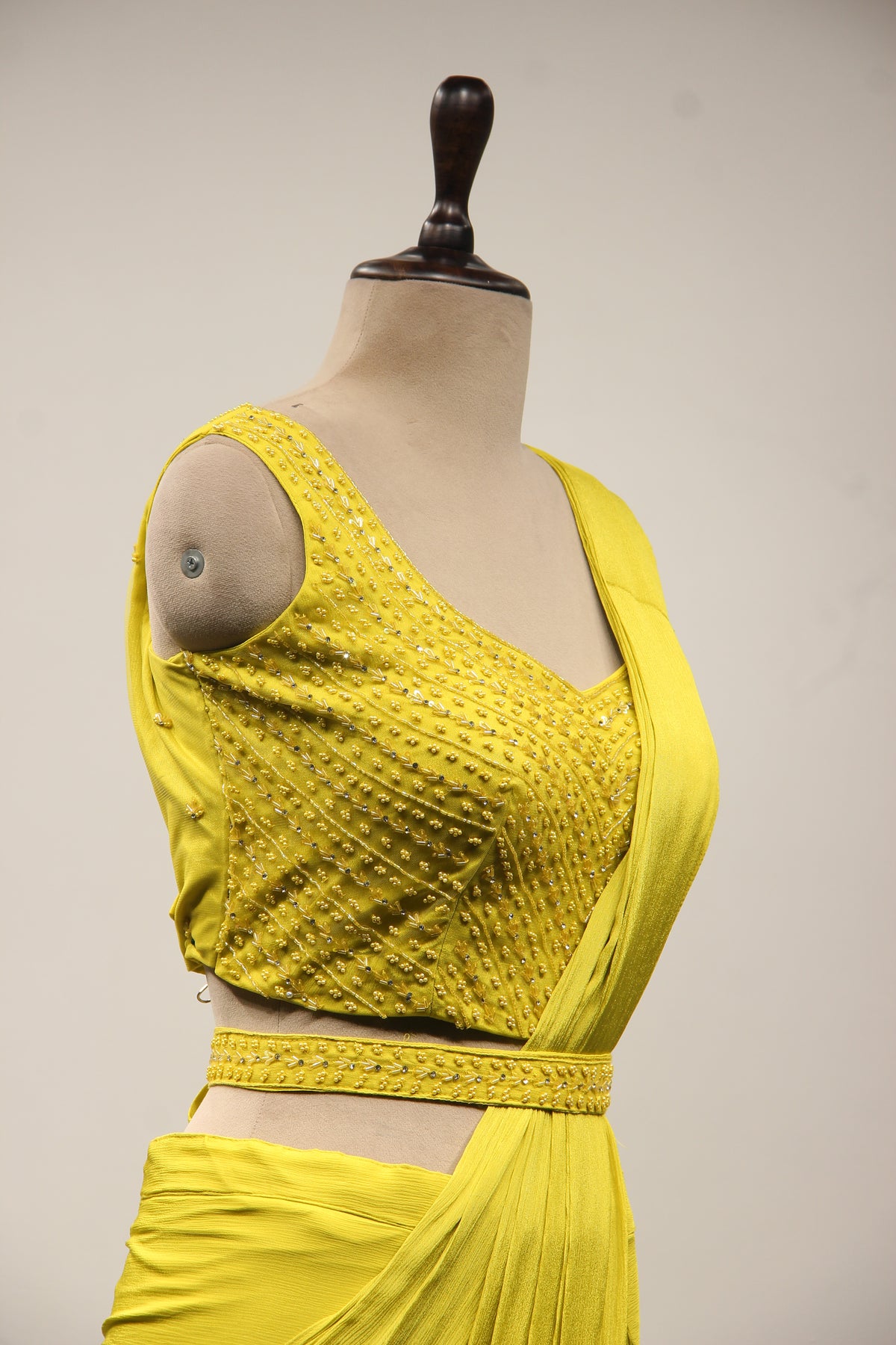 Lime Crepe Drape Saree with Bead & Cut Dana Handwork Crop Top