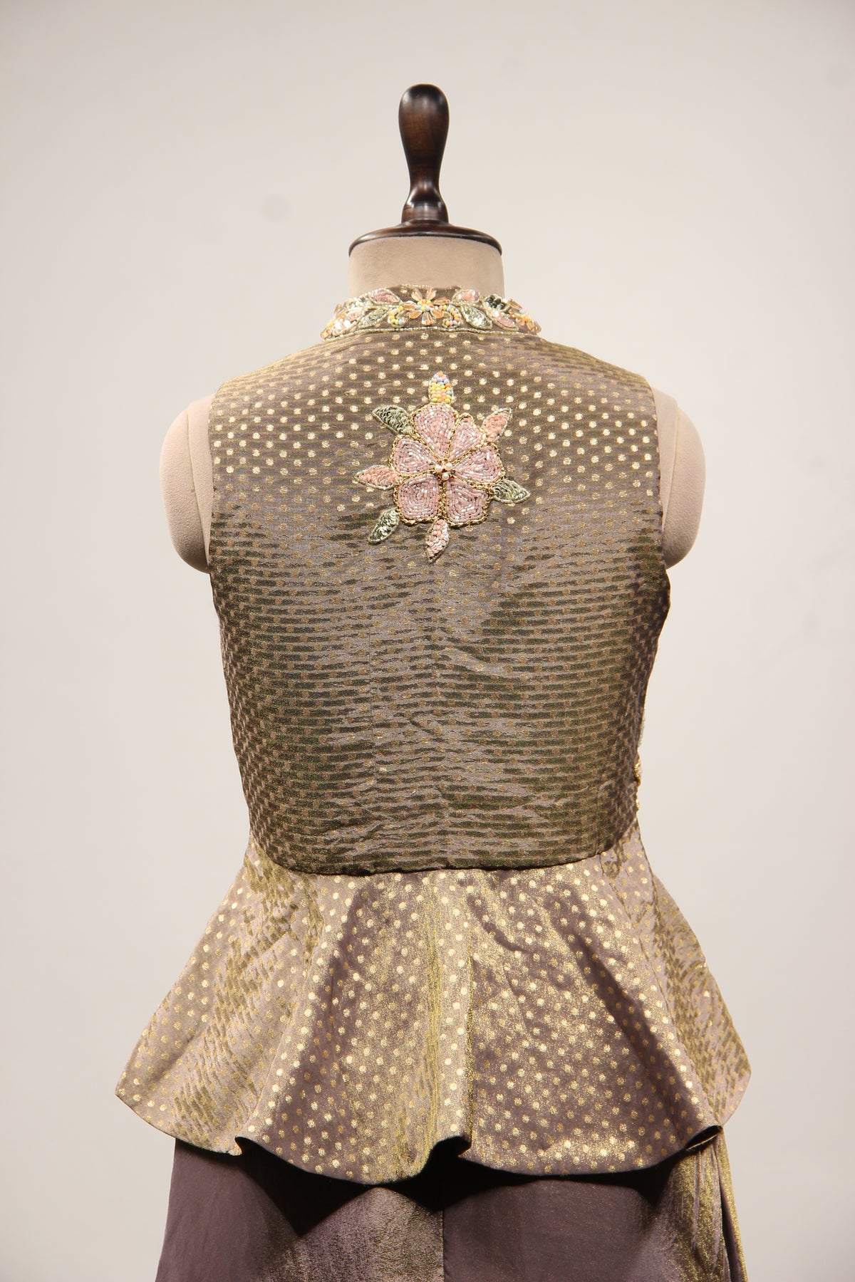 Brown Shimmer Tissue Indo Western Peplum, Cut Dana & Sequin Handwork – back close-up