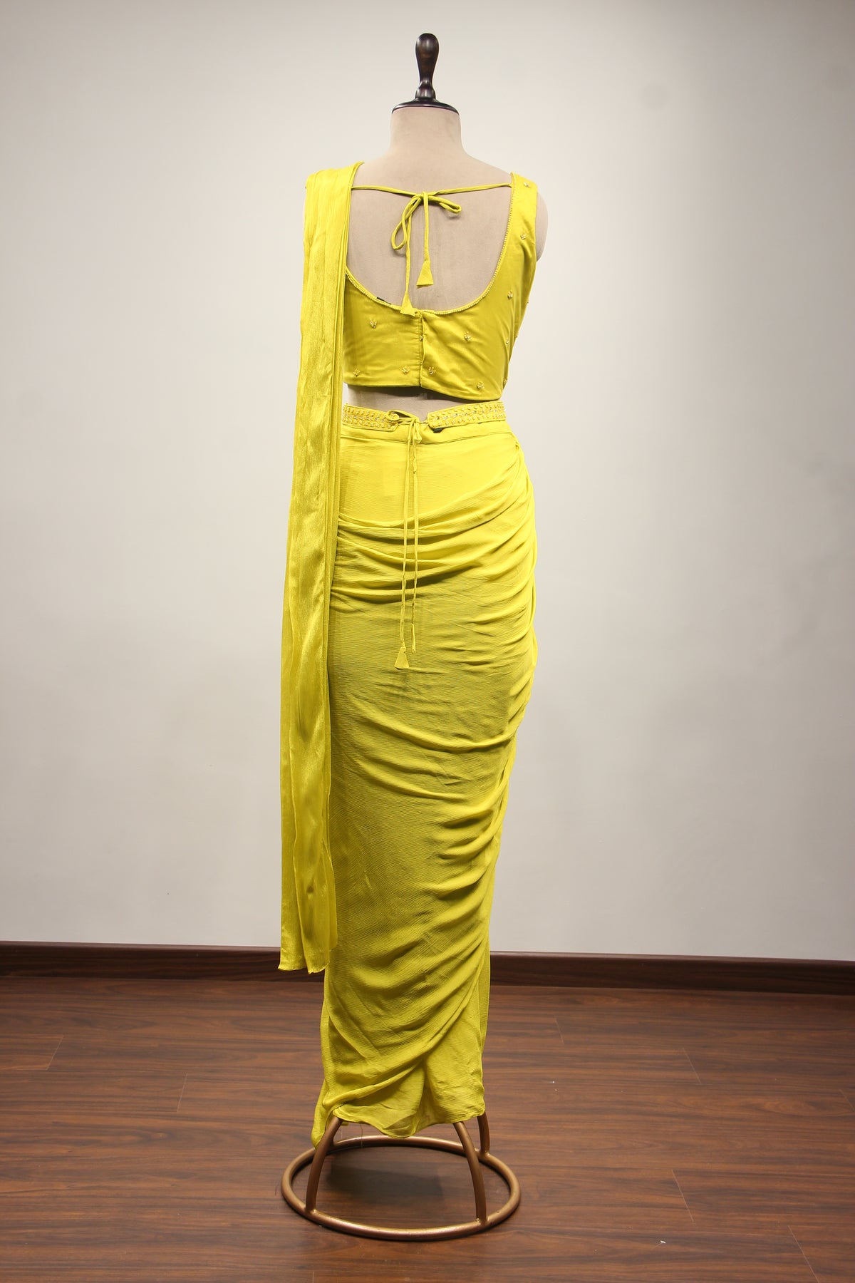 Lime Crepe Drape Saree with Bead & Cut Dana Handwork Crop Top