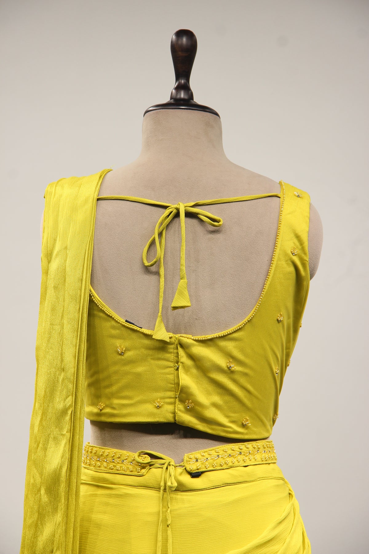 Lime Crepe Drape Saree with Bead & Cut Dana Handwork Crop Top