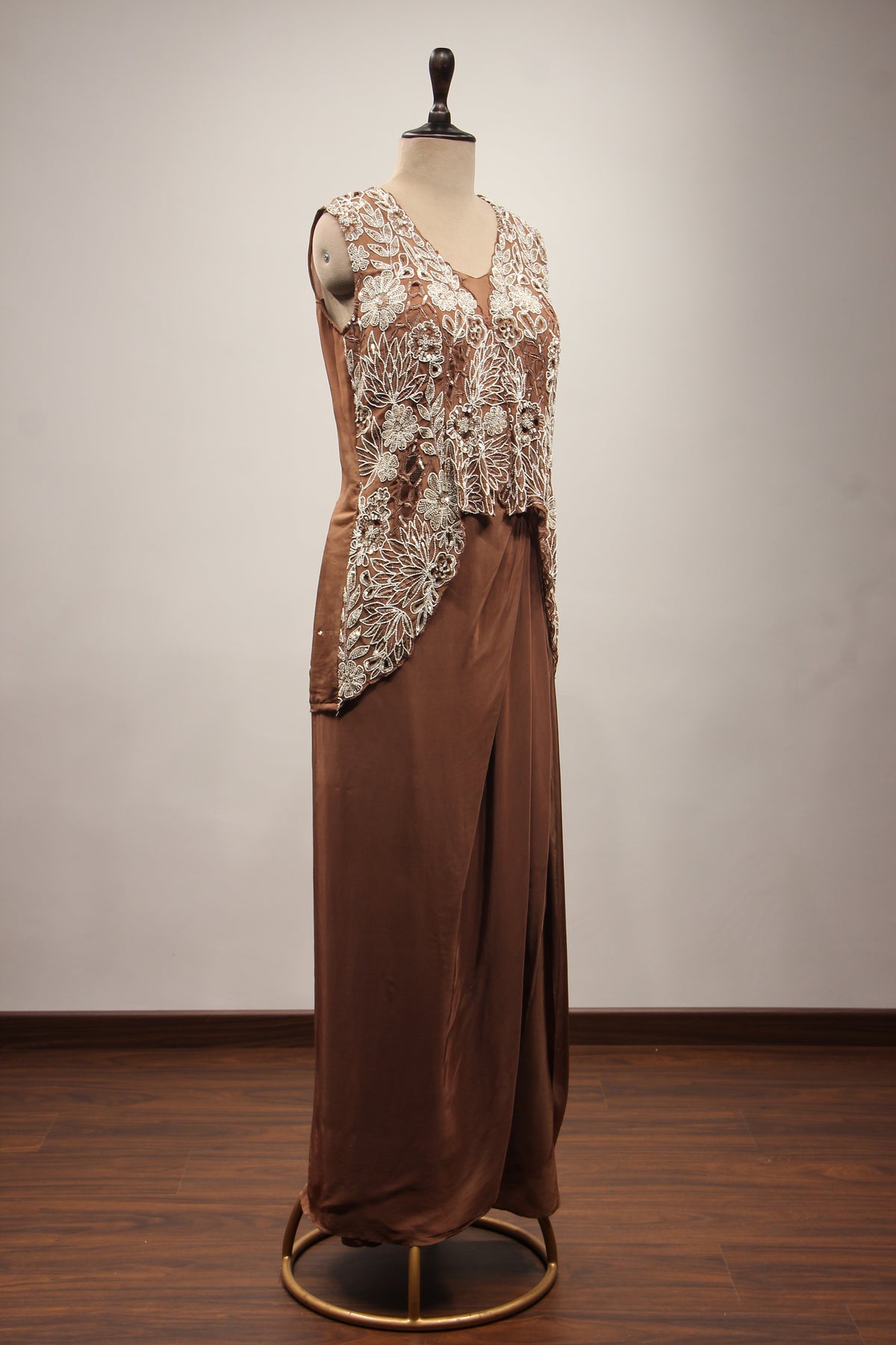 Crepe Brown Long Top Cowl Skirt with Cut Dana & Sequin Handwork