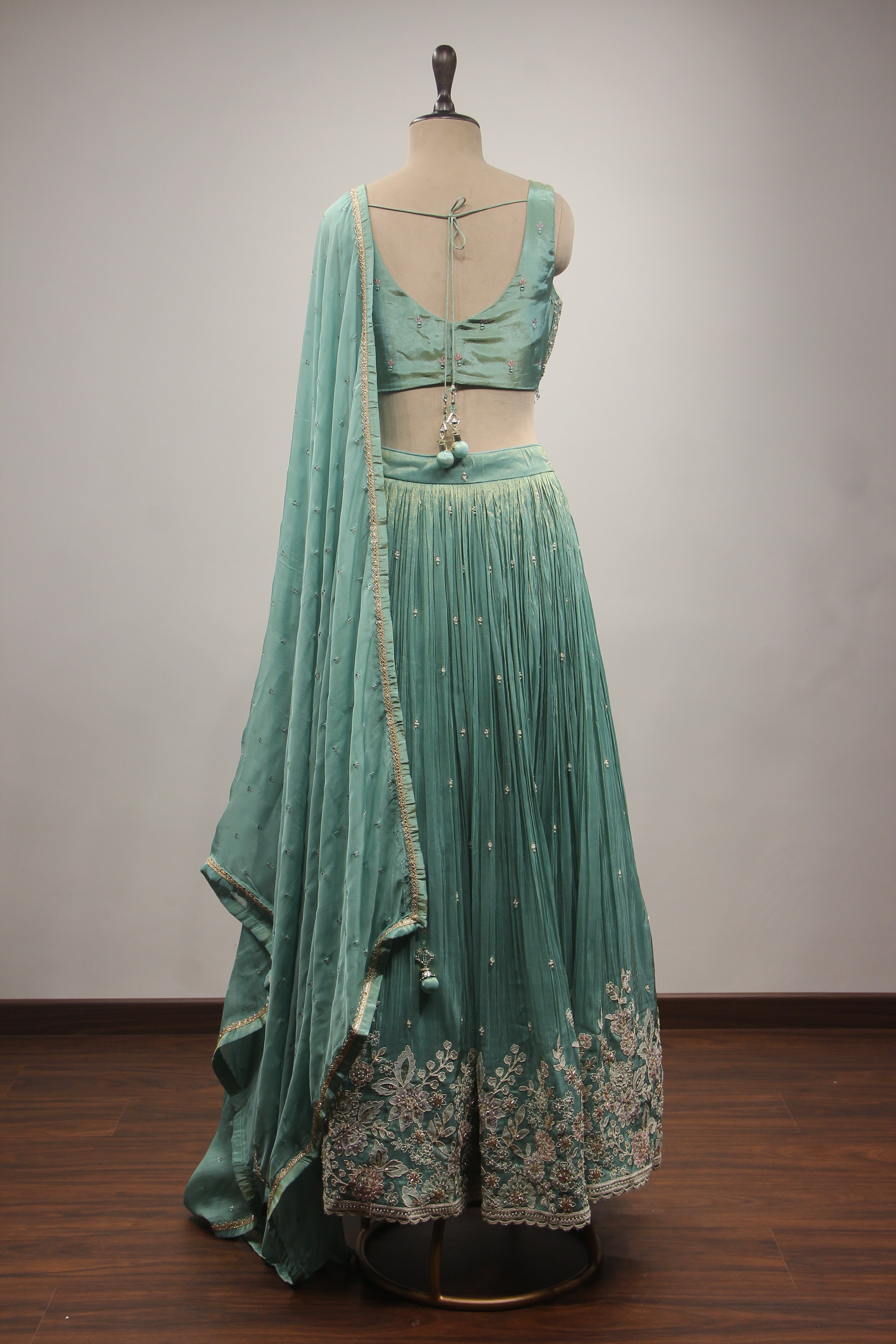 Tissue Lehenga with Resham & Sequin Handwork Floral Crop Top