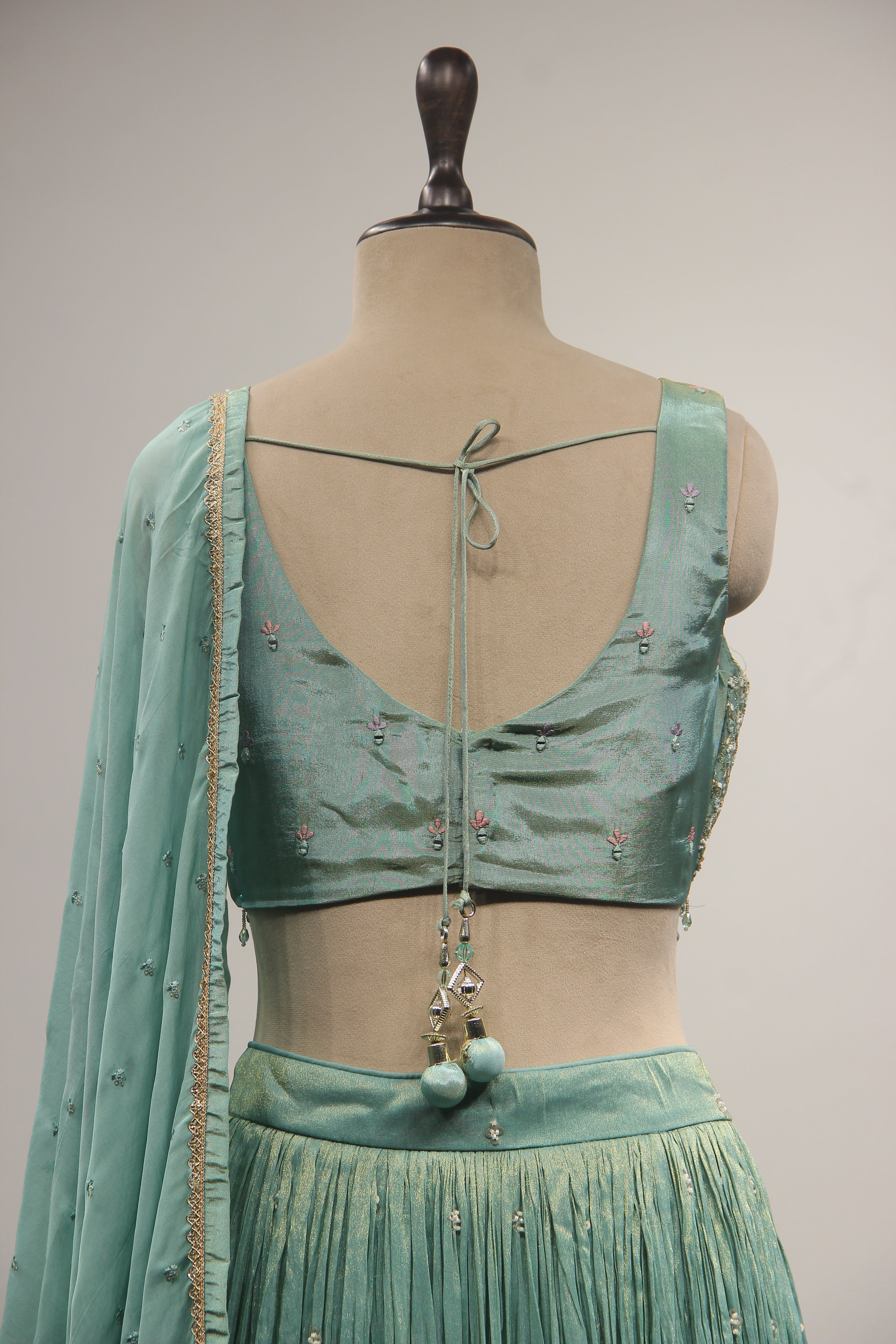 Tissue Lehenga with Resham & Sequin Handwork Floral Crop Top