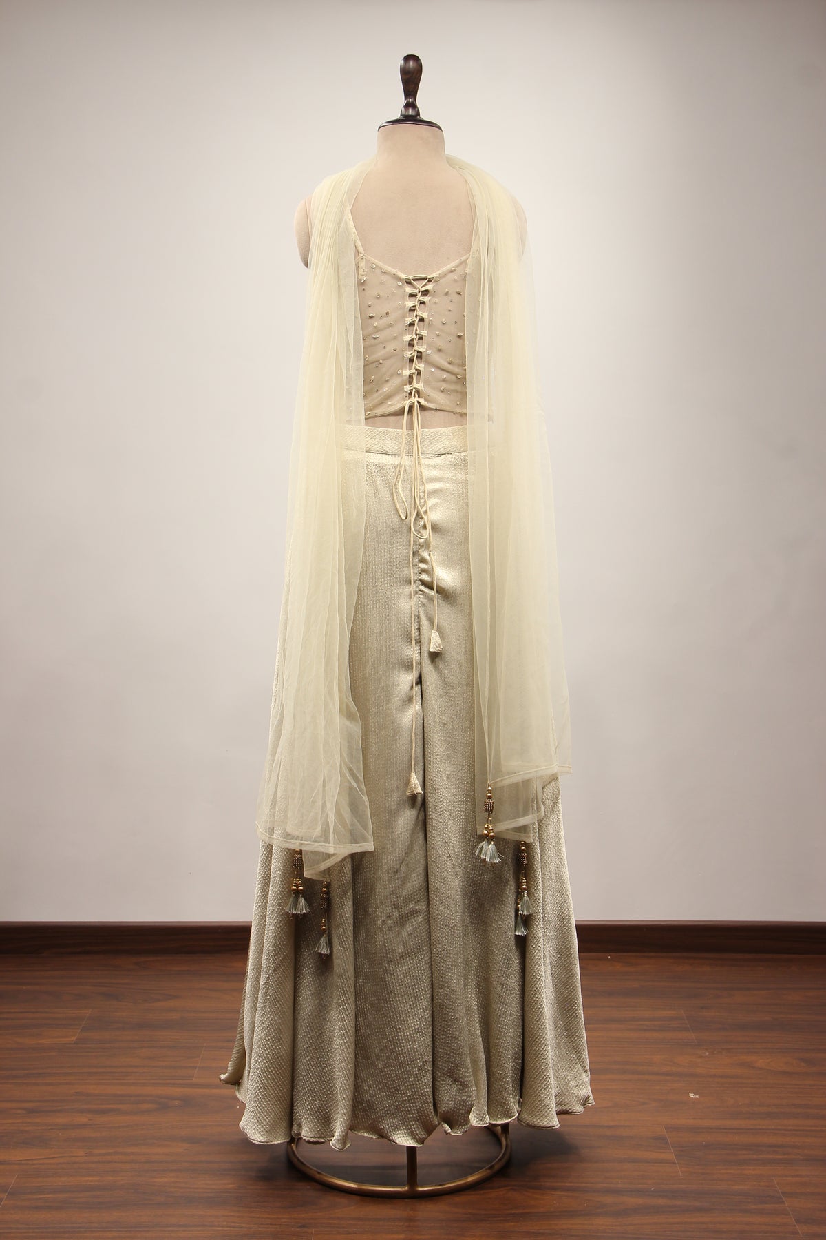 Imported Cream Indo Western Net Corset Palazzo with Cut Dana & Sequin Handwork