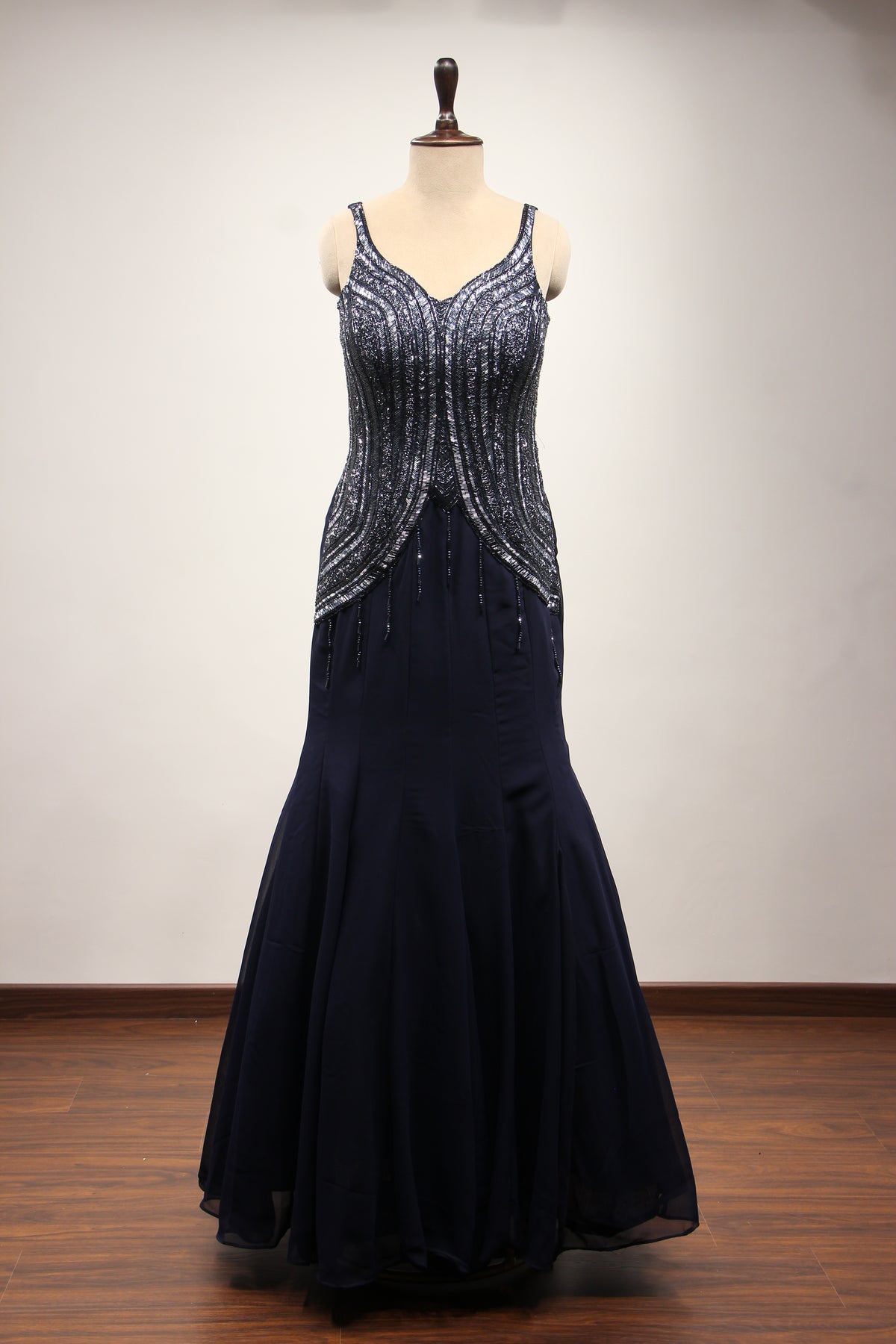 Navy Blue Georgette Mermaid Gown with Cut Dana & Sequin Handwork – front view