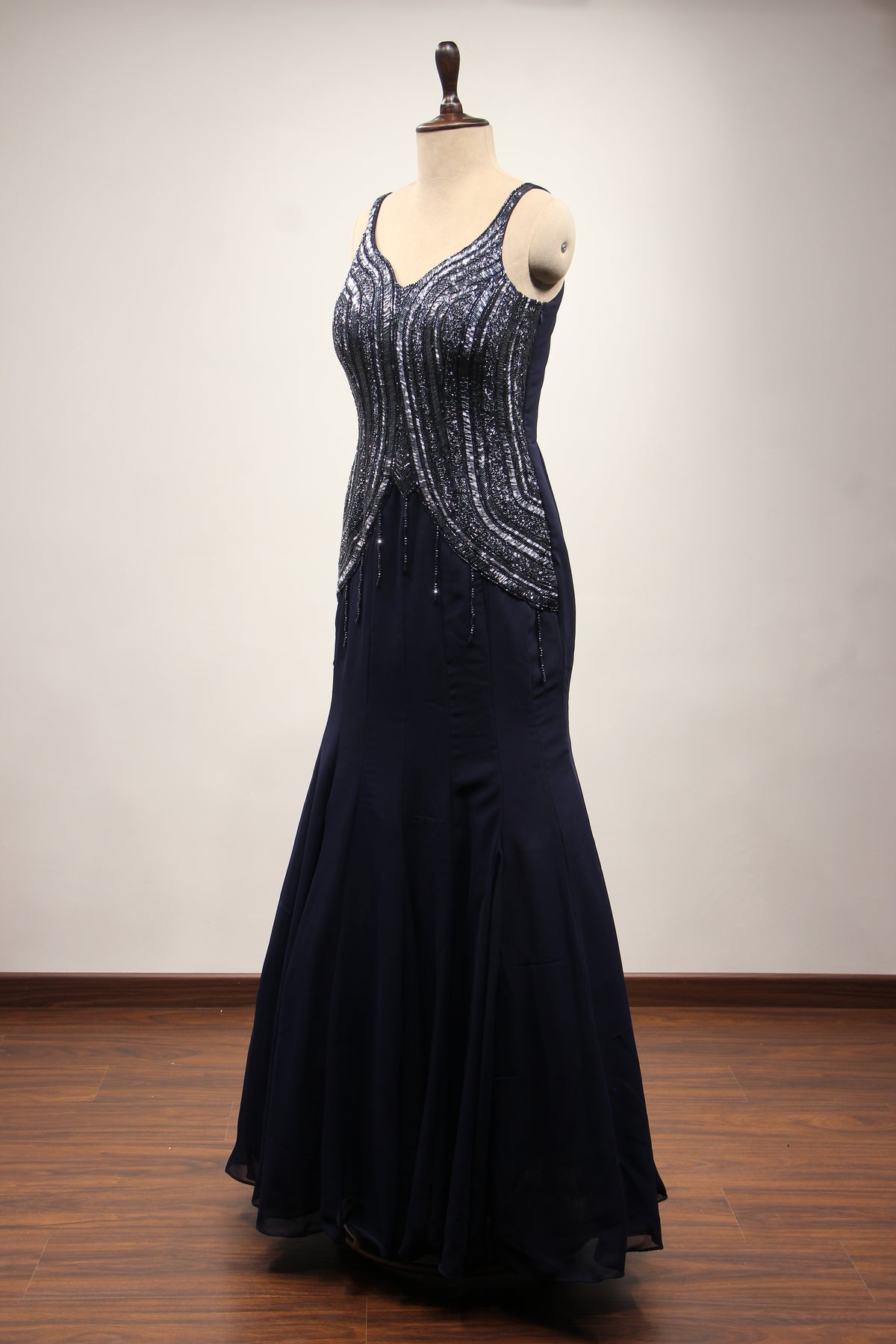 Navy Blue Georgette Mermaid Gown with Cut Dana & Sequin Handwork – side view