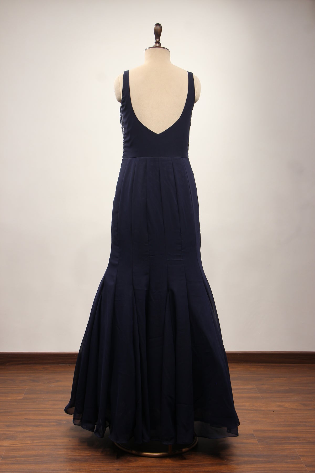 Navy Blue Georgette Mermaid Gown with Cut Dana & Sequin Handwork – back view