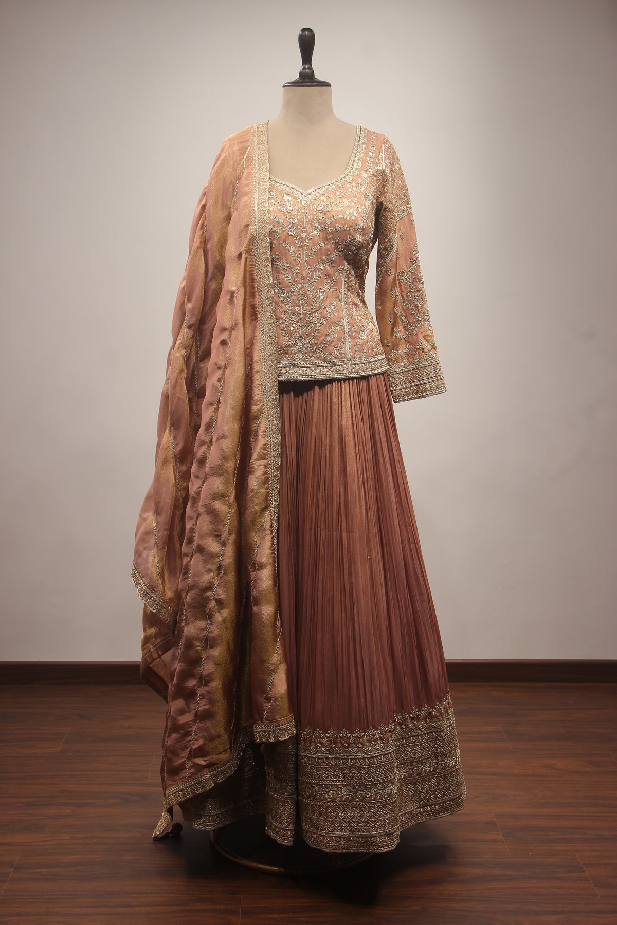 Lilac & Coffee Tissue Lehenga with Zardozi, Zari & Sequin Embroidered Long Top