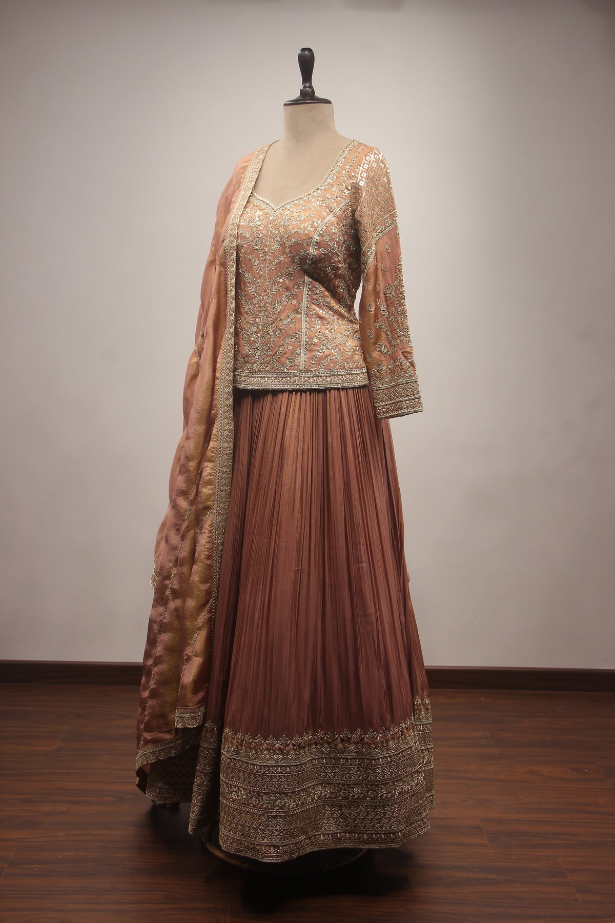 Lilac & Coffee Tissue Lehenga with Zardozi, Zari & Sequin Embroidered Long Top