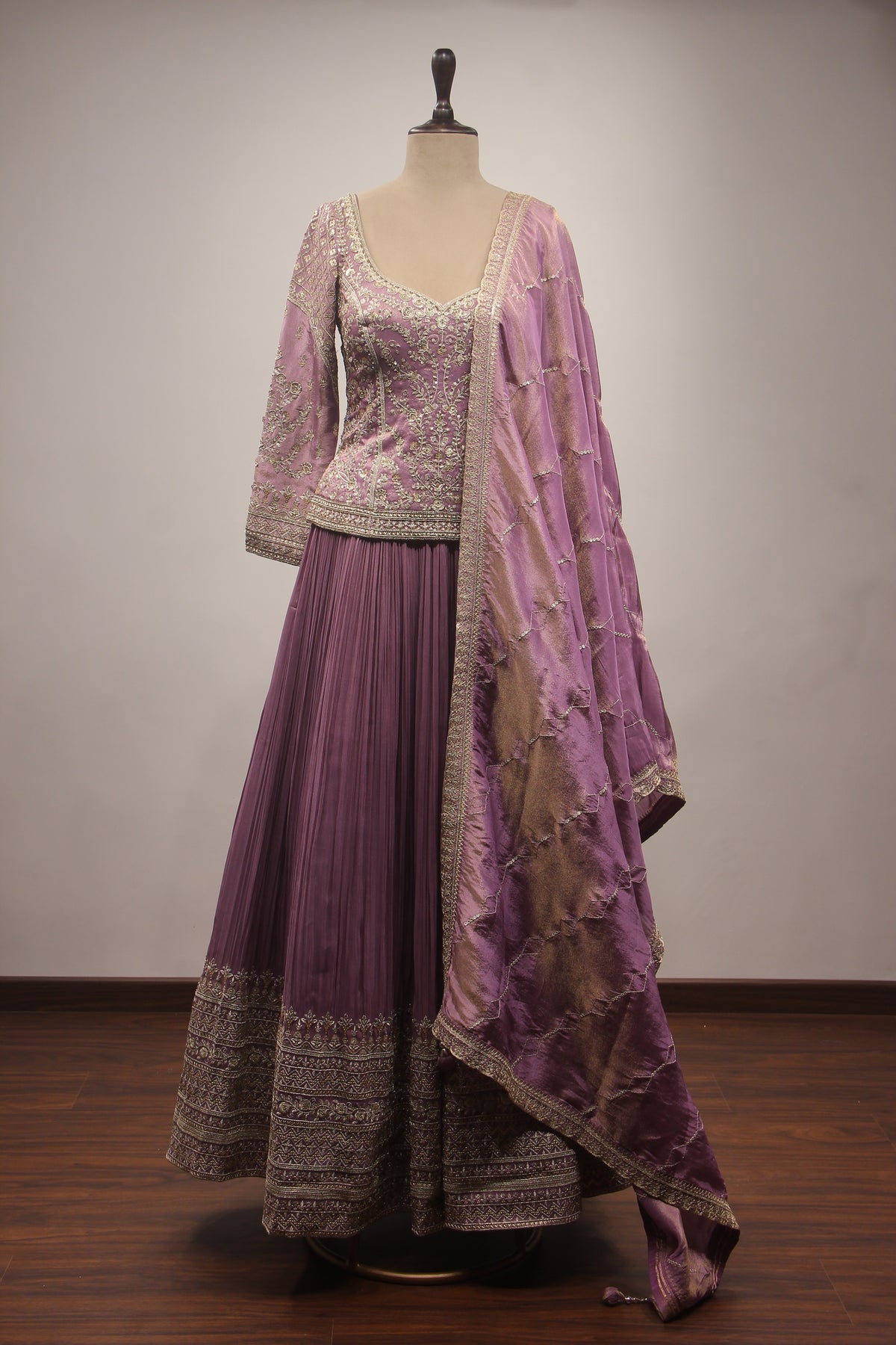 Lilac & Coffee Tissue Lehenga with Zardozi, Zari & Sequin Embroidered Long Top