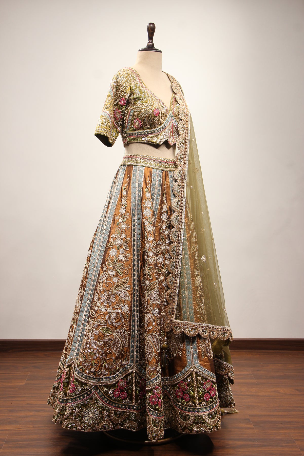 Mehendi Tissue Lehenga with Cut Dana & Sequin Handwork Crop Top – other side view