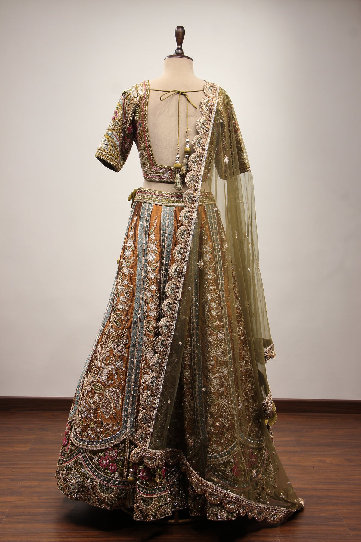 Mehendi Tissue Lehenga with Cut Dana & Sequin Handwork Crop Top – back view