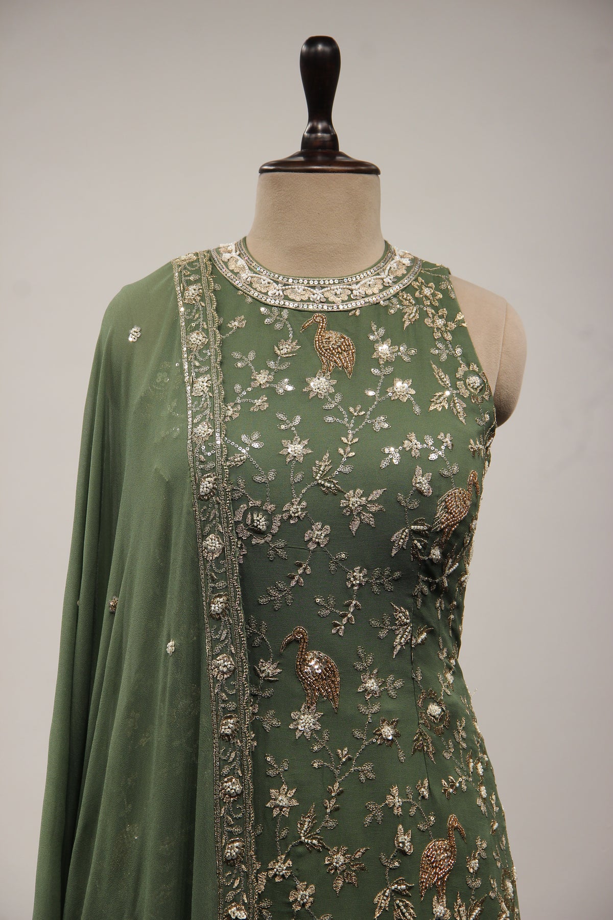 Georgette Dusty Green Indo Western Sharara with Cut Dana Bead Handwork