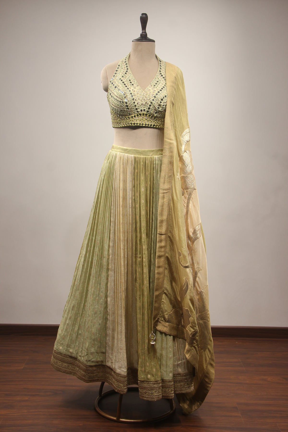 Tissue Lehenga with Mirror & Zari Handwork Halter Crop Top